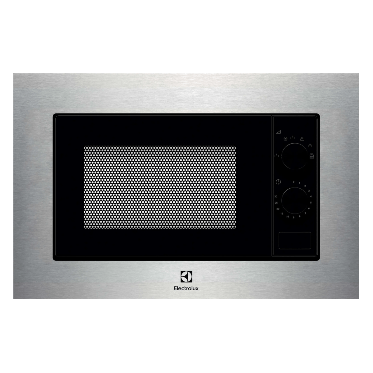 Microondas empotrado de acero inoxidable Electrolux con panel de control negro y dos mandos.