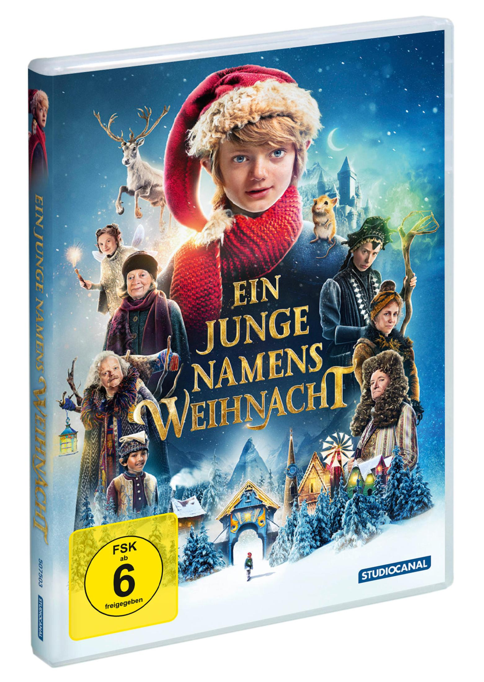Filmcover für Ein Junge namens Weihnacht mit Charakteren, Rentier und einer verschneiten Winterlandschaft.