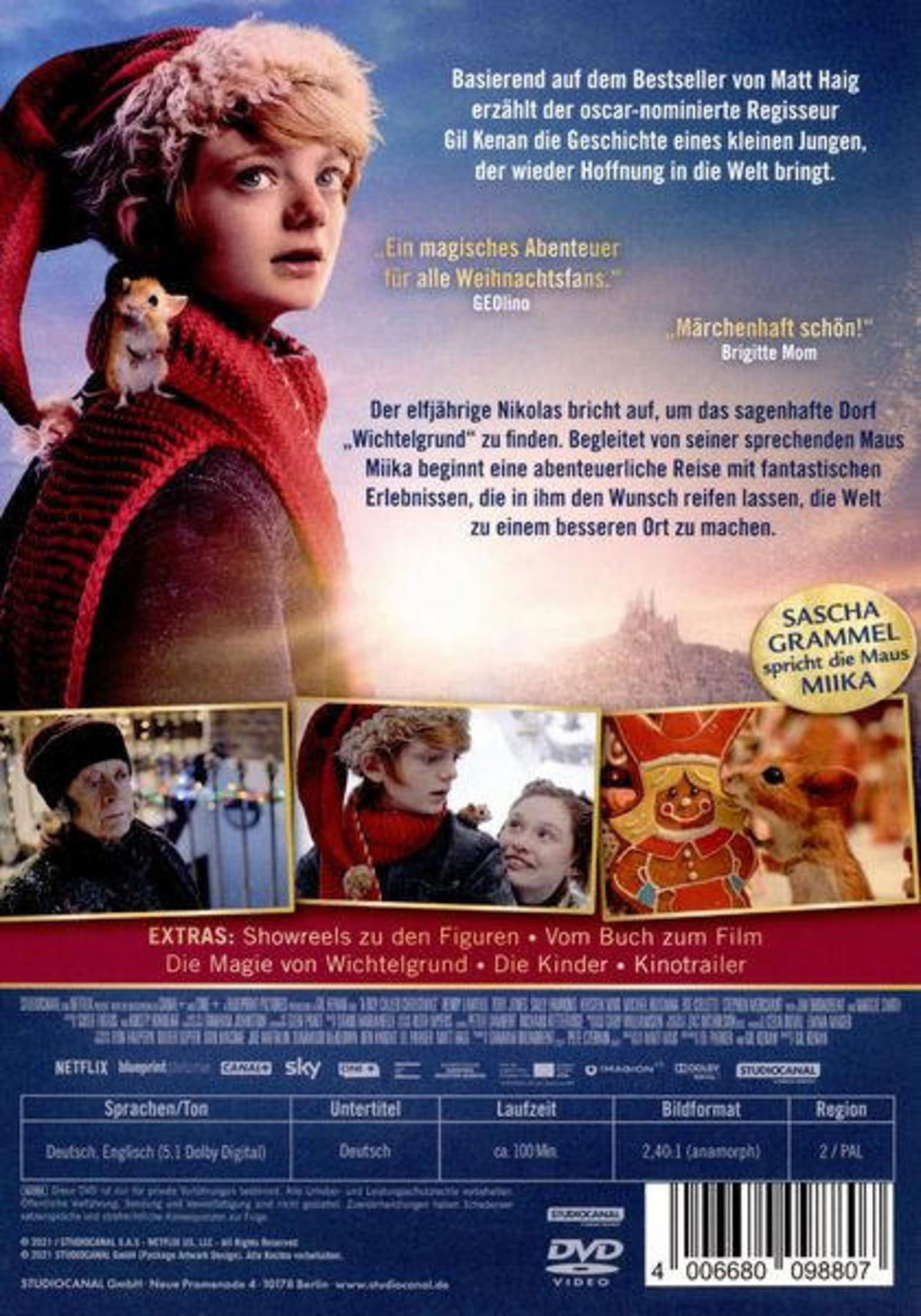 DVD-Cover des Films "Ein Junge namens Weihnacht" mit Nikolas und seiner Maus Miika, deutschen Texten und Bildern.