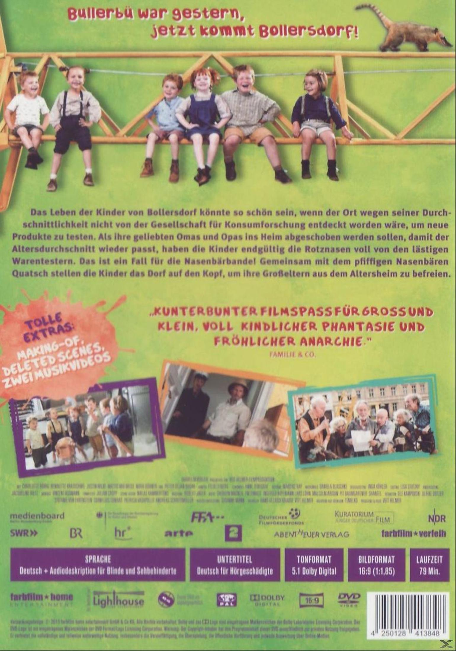 DVD-Cover der Kinderkomödie Bollersdorf mit sechs Kindern auf einer Schaukel und Texten.