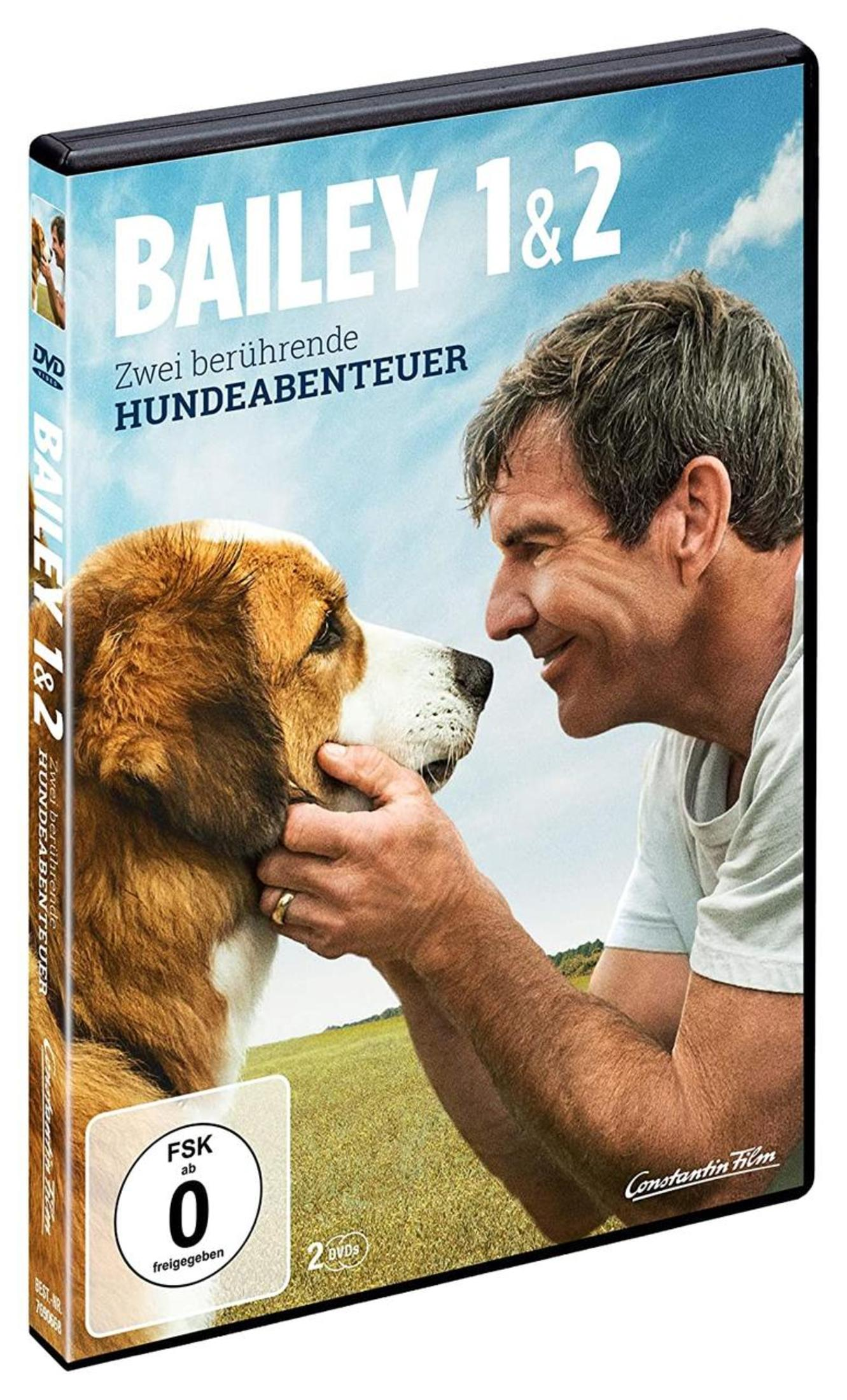 DVD-Cover von Bailey 1 & 2 zeigt einen Mann, der liebevoll einen großen Hund berührt.