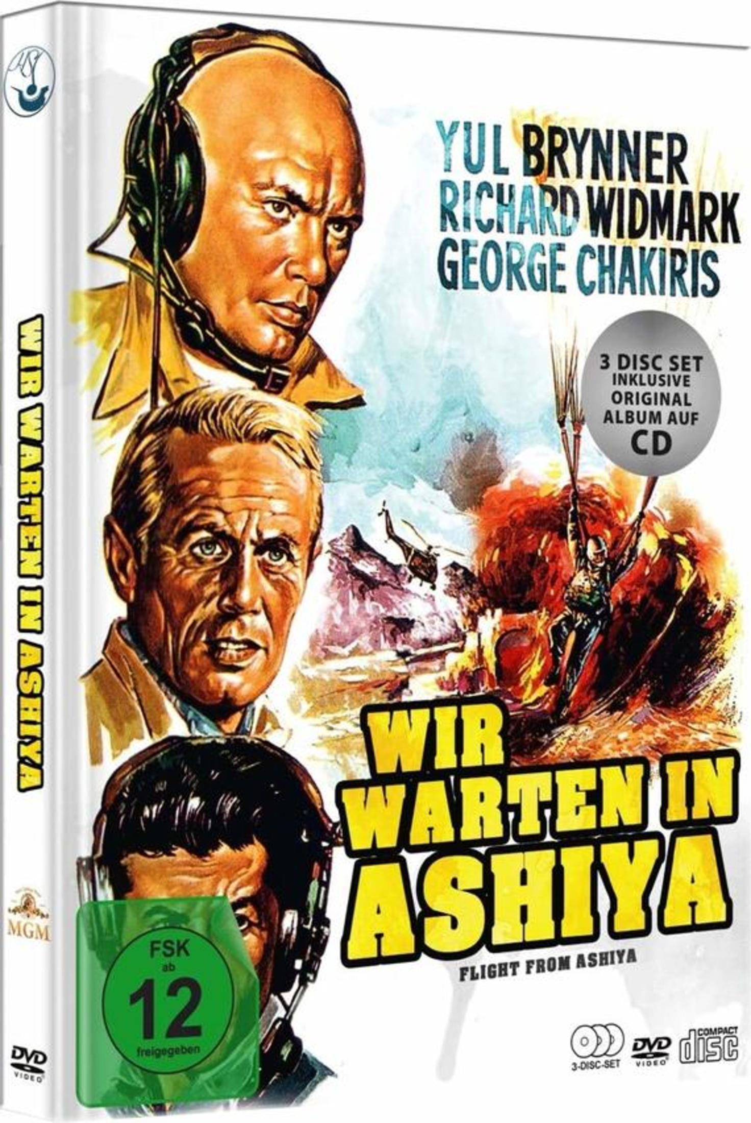 DVD-Hülle von Wir Warten in Ashiya mit drei Schauspielern, einem Hubschrauber und einer Explosion.