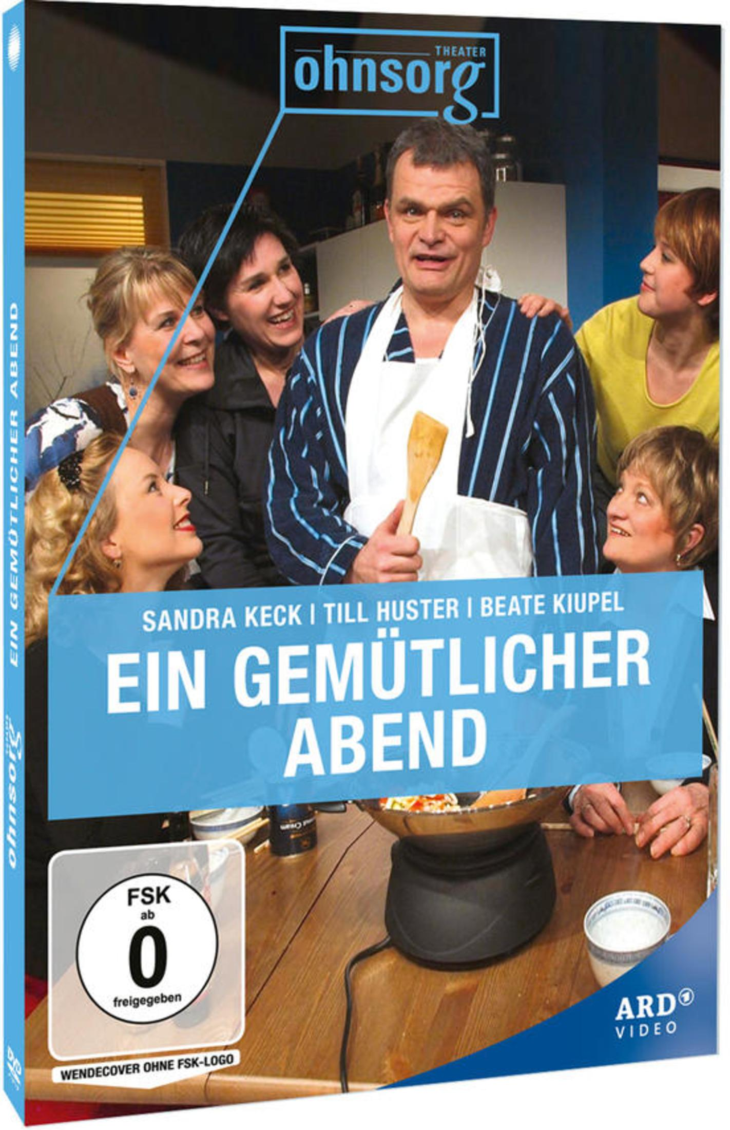 DVD-Cover des Ohnsorg-Theaterstücks "Ein gemütlicher Abend" mit Schauspielern am Tisch und einem Löffel in der Hand.