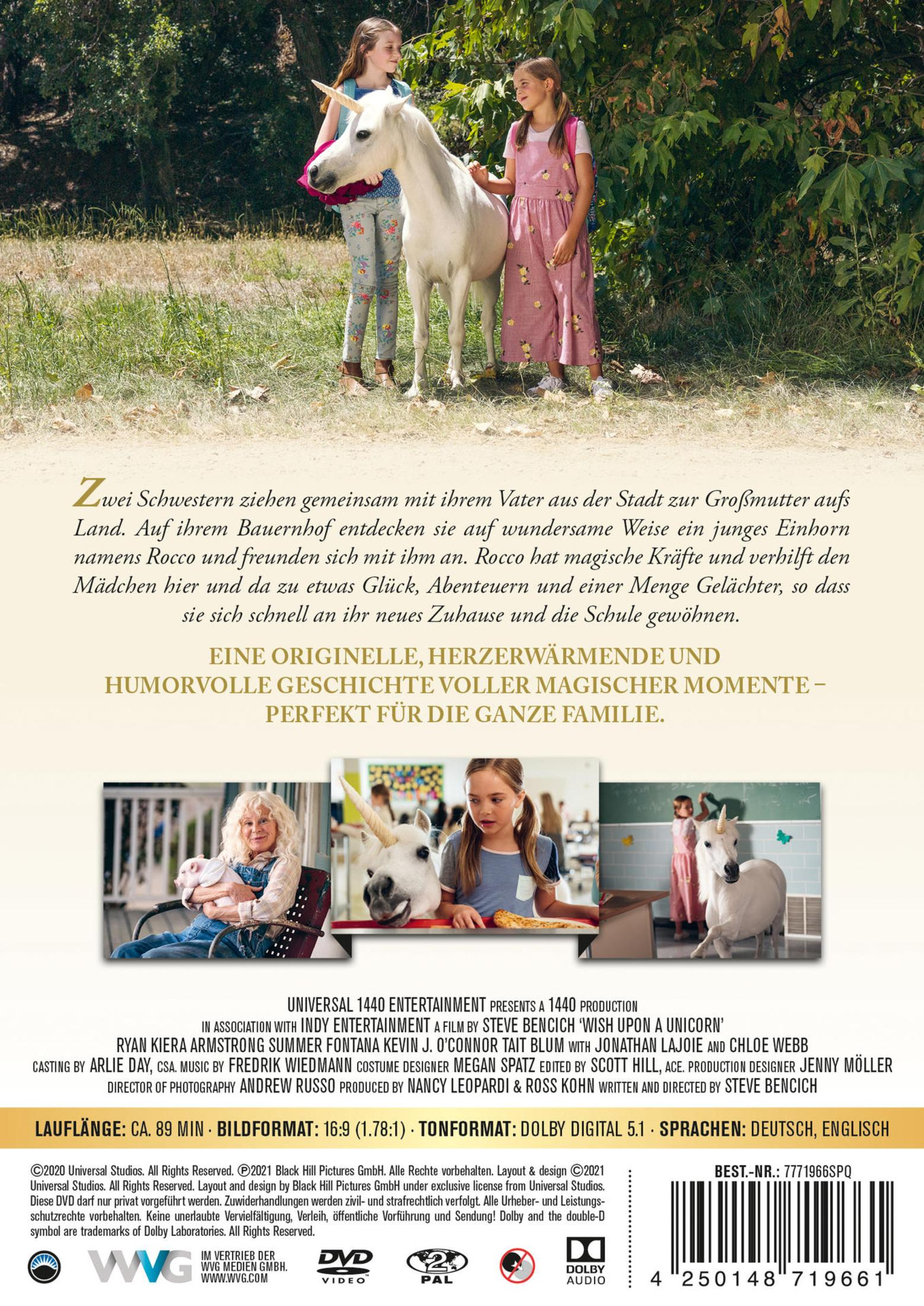 DVD-Hülle mit zwei Mädchen und einem Einhorn in der Natur, Text und Szenenbilder.