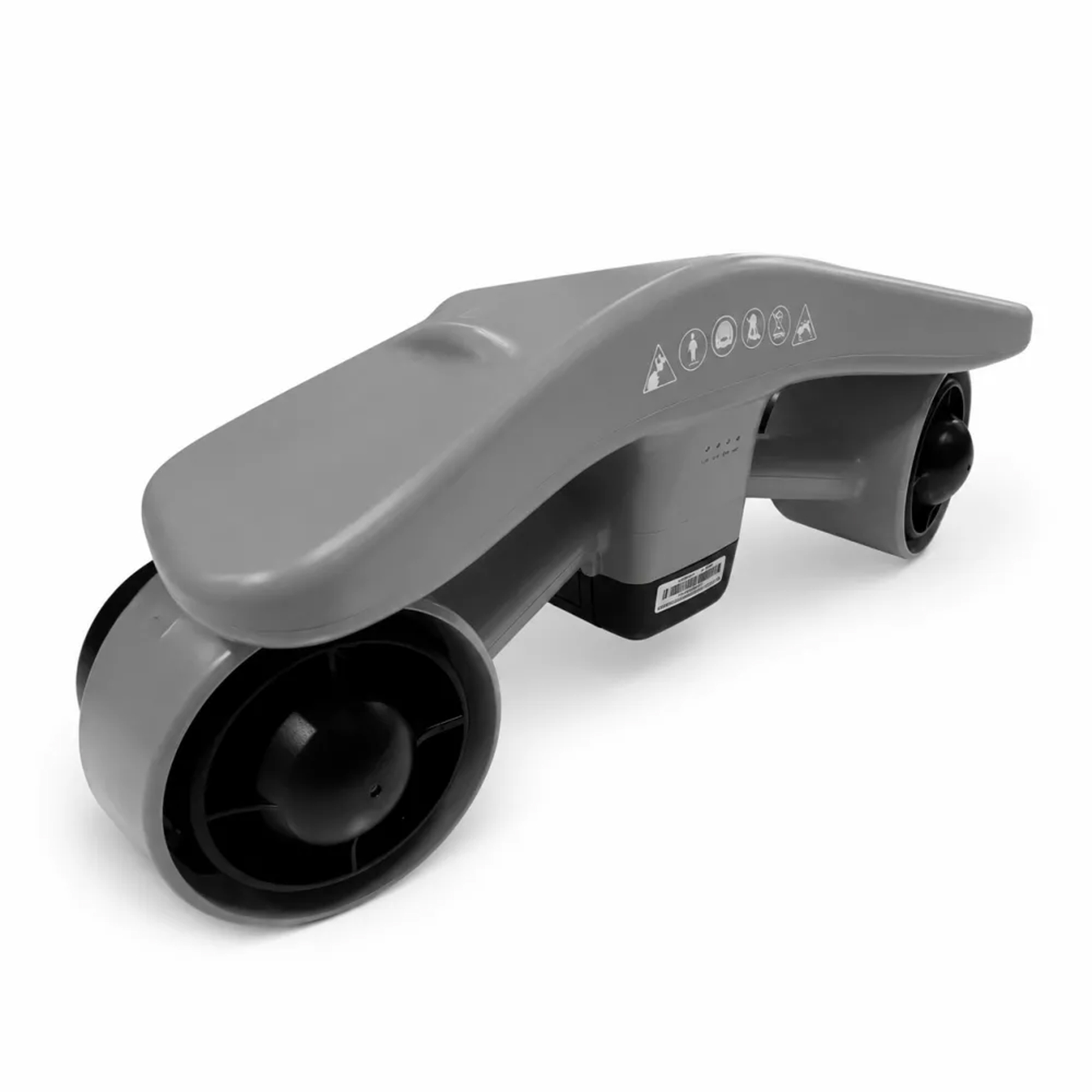 Beyaz arka planda iki siyah pervaneli, güvenlik simgeli ve bataryalı gri su altı scooter'ı.