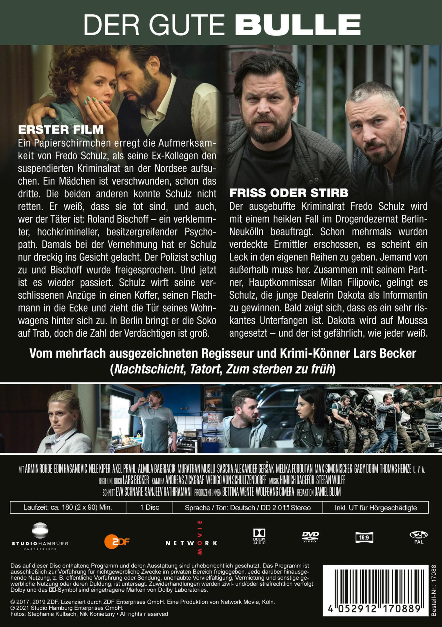 DVD-Cover von Der gute Bulle mit Cast-Fotos, Beschreibungstexten, Credits, Logos und Barcode am unteren Rand.