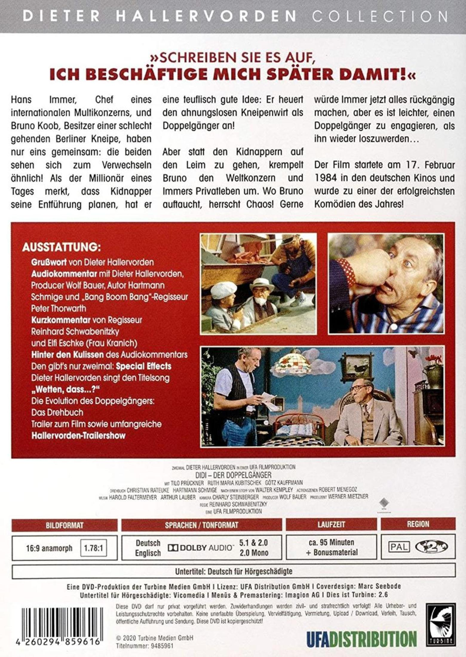 DVD-Rückseite des Films Didi der Doppelgänger mit Texten, Bildern, Szenenbildern und technischen Details.