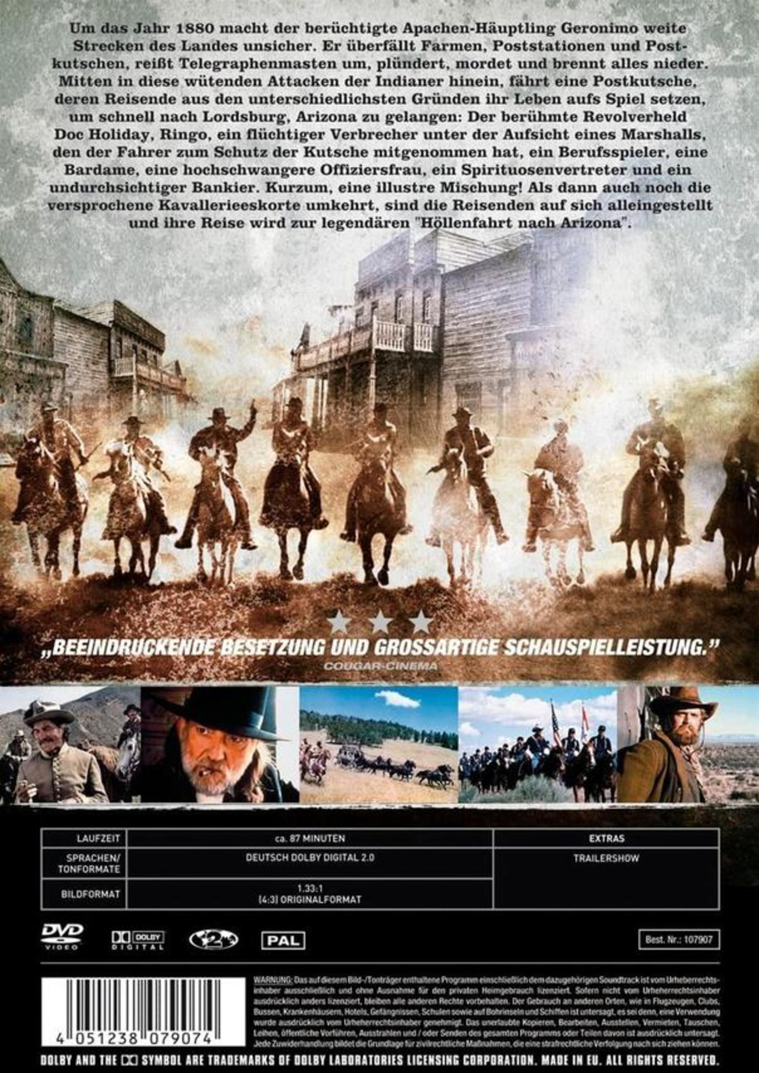 DVD-Rückseite mit deutscher Filmbeschreibung, Szenenbildern, Reitern und technischen Details.