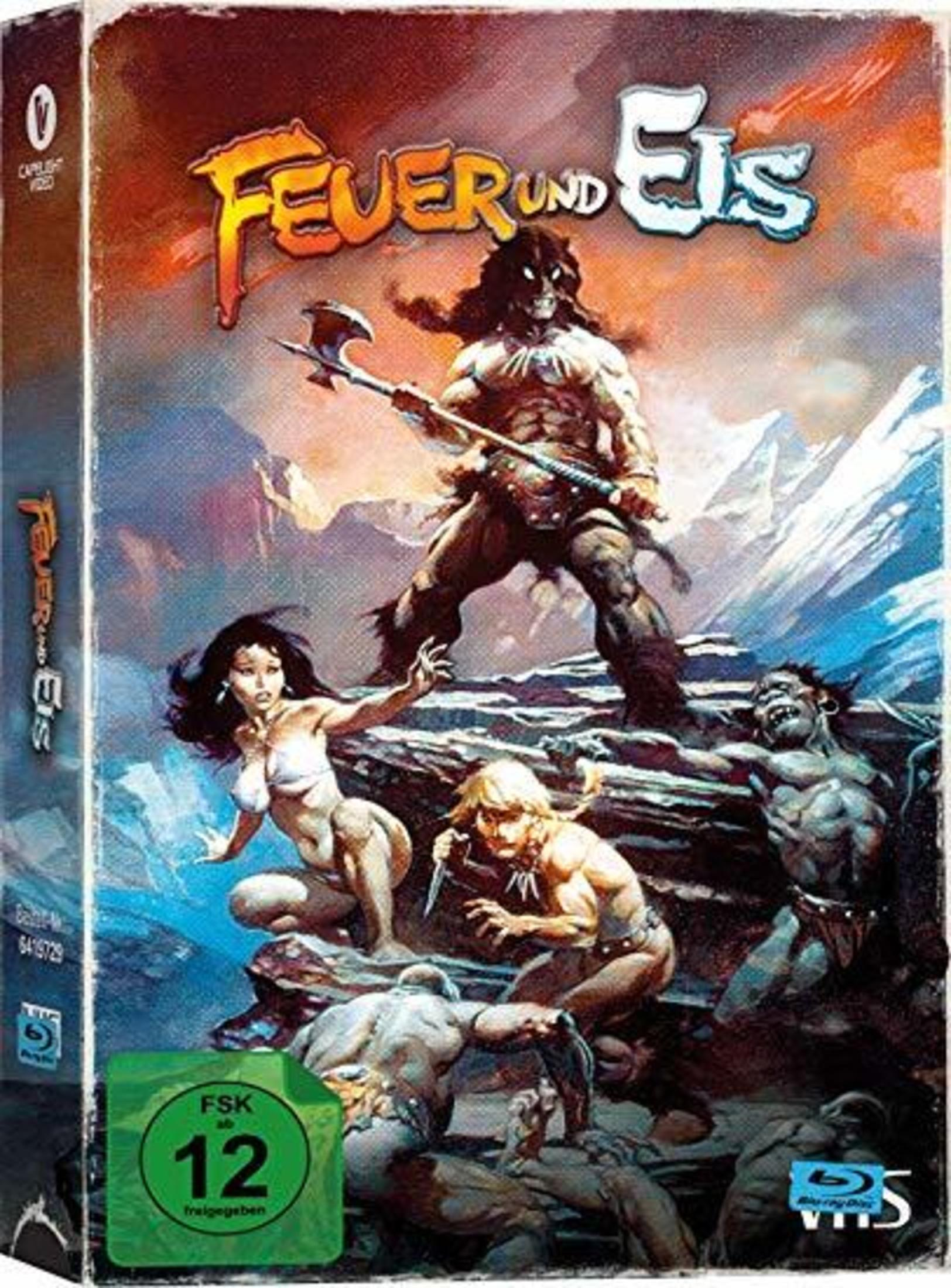 DVD-Cover von Feuer und Eis mit muskulösen Kriegern und Kreaturen in einer Fantasielandschaft.