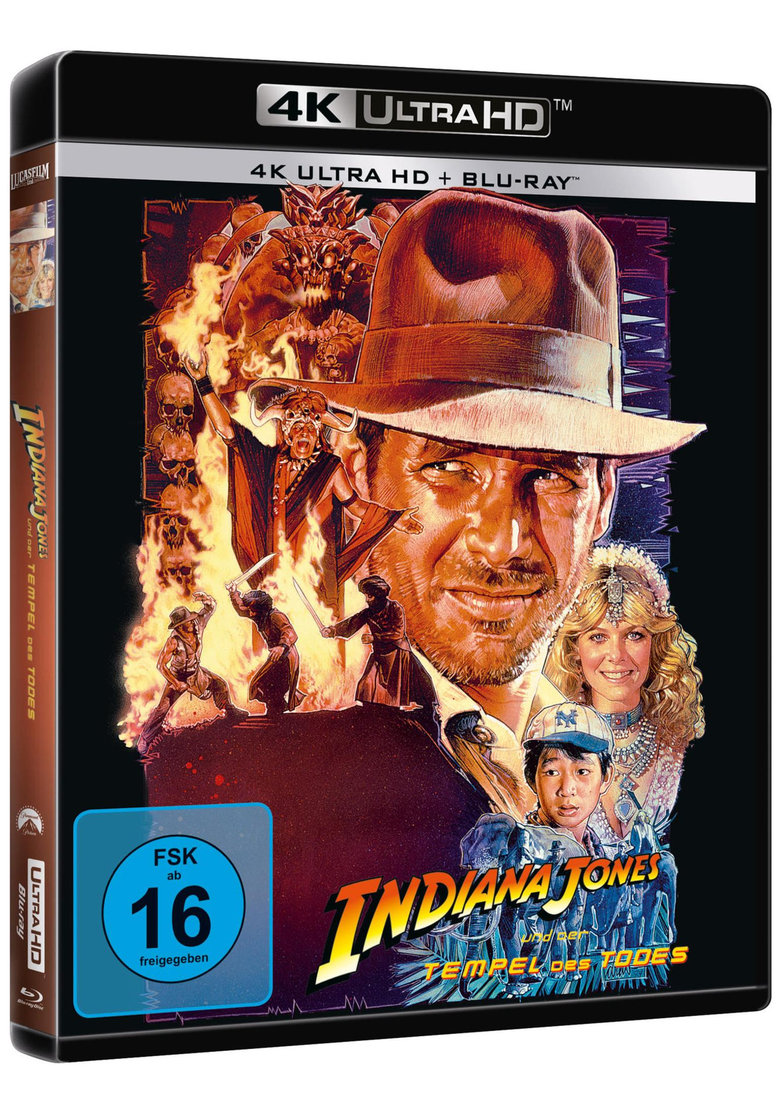Indiana Jones 4K Ultra HD Blu-ray Cover mit Charakteren vor Feuer und Totenköpfen.