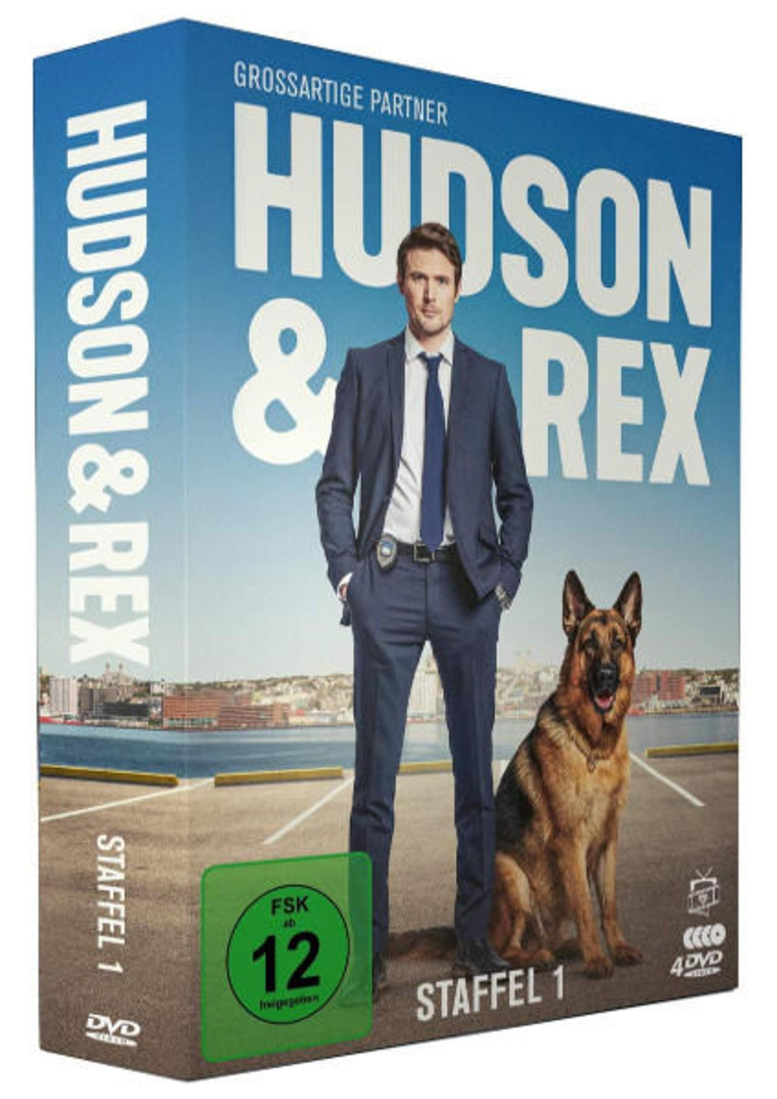 DVD-Cover von Hudson und Rex, Staffel 1, mit einem Detektiv in blauem Anzug und einem Deutschen Schäferhund.