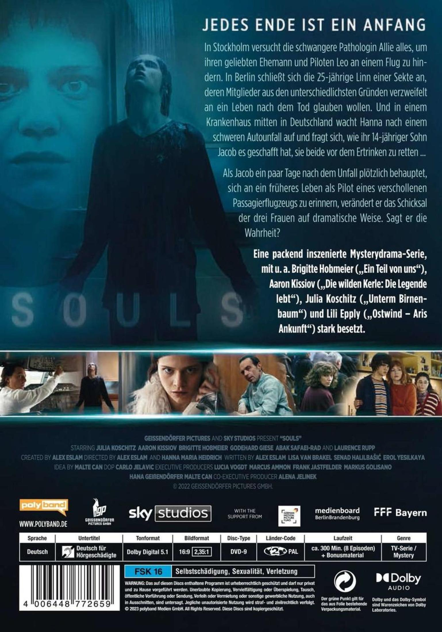 DVD-Cover der Mystery-Drama-Serie SOULS, mit einem dunkelblauen Poster, Charakteren und deutschen Textdetails.