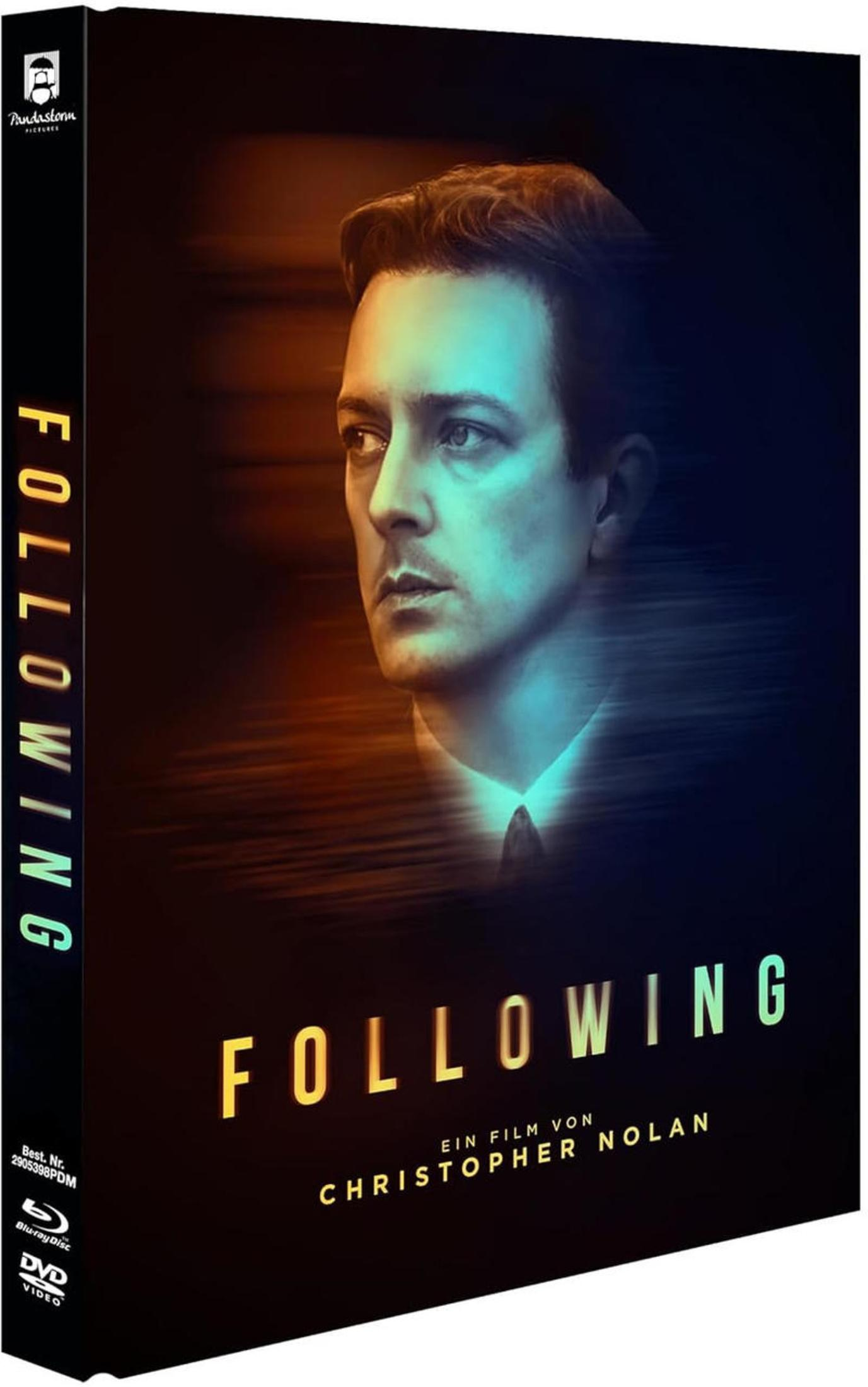 Blu-ray-Cover des Films Following von Christopher Nolan mit dem Porträt eines Mannes im blau-gelben Licht.