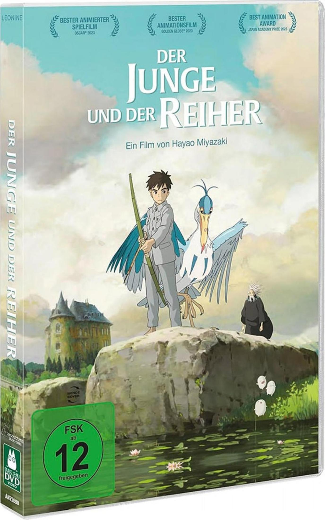 DVD-Cover von Der Junge und der Reiher mit Jungen, Reiher und Schloss im Hintergrund.