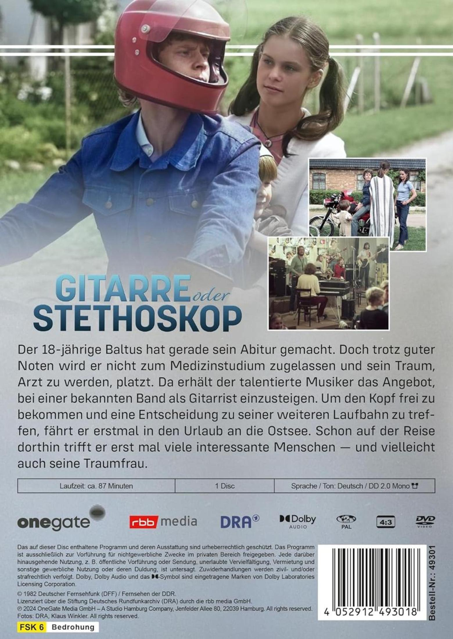 DVD-Rückseite mit Filmposter von Gitarre oder Stethoskop, Text und Logos.