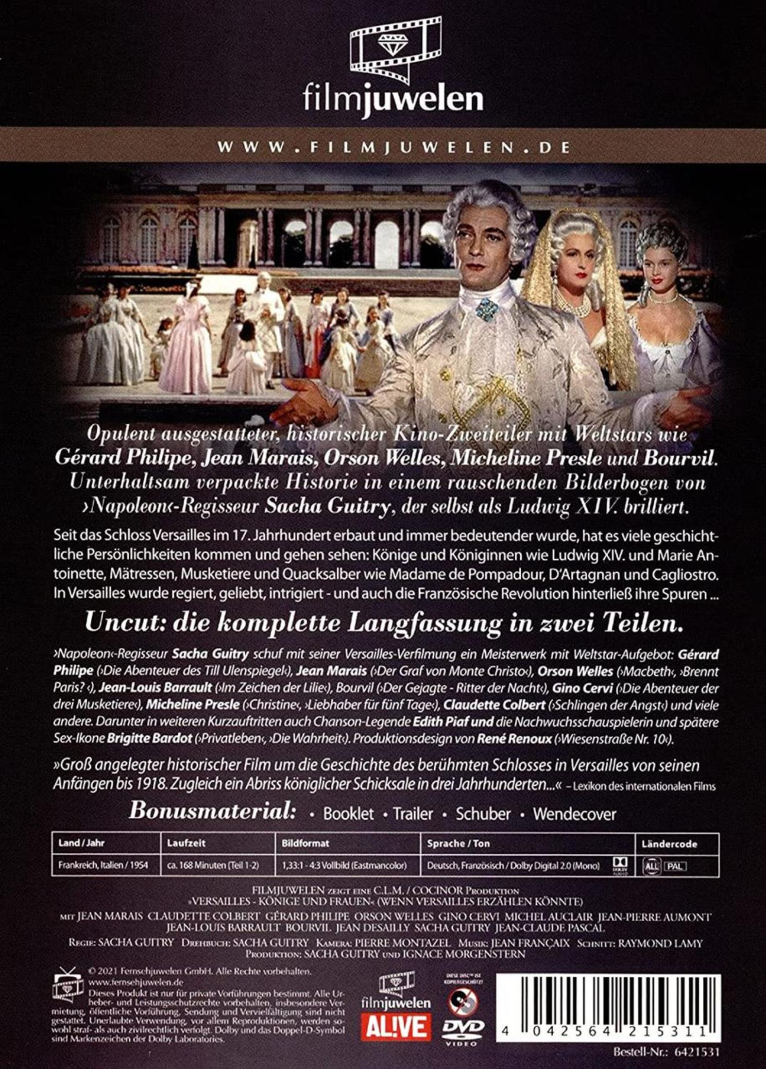 DVD-Rückseite mit historischem Filmszenenbild im Palast, Text und technischer Information.