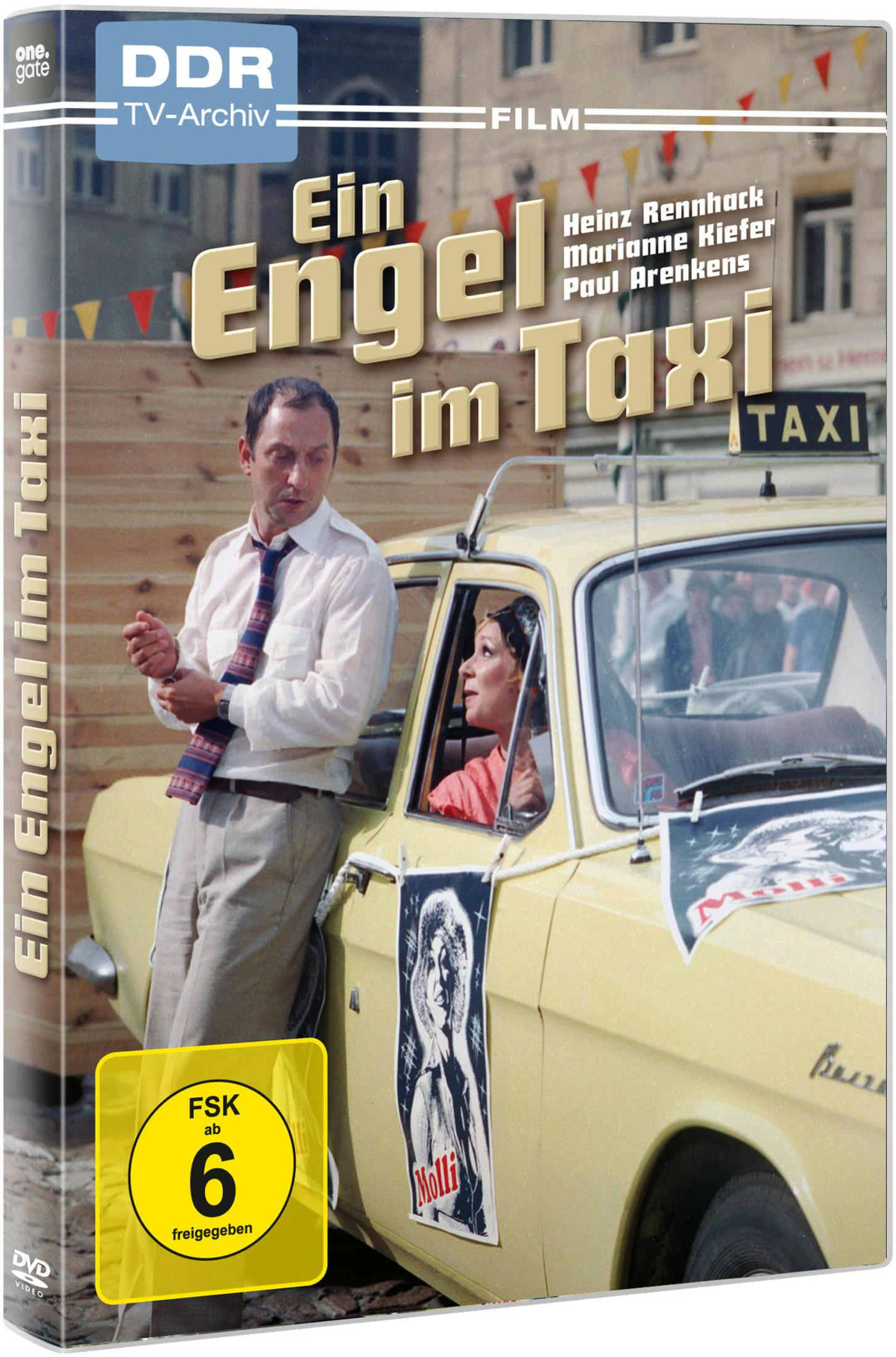 DVD-Cover des Films Ein Engel im Taxi mit Mann am gelben Auto und Frau im Taxi.