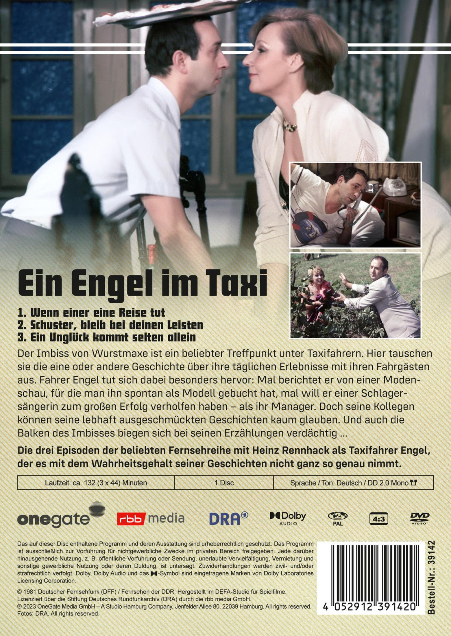 DVD-Cover der Serie Ein Engel im Taxi mit Heinz Rennhack, Episodentiteln und Inhaltsangabe.