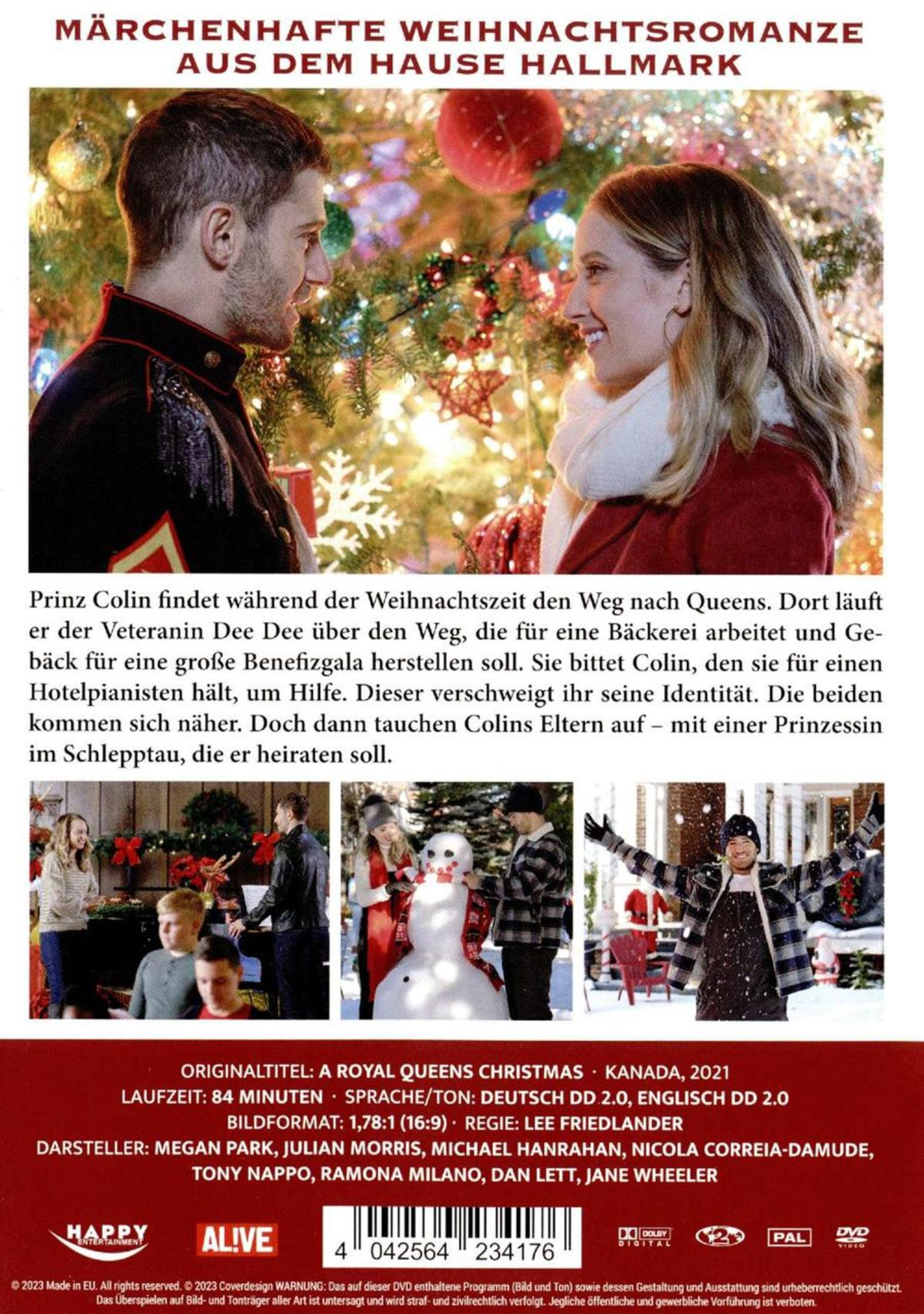 DVD-Rückseite mit Filmposter, drei Szenenbildern, Inhaltsangabe und technischen Details vor Weihnachtsbaum.