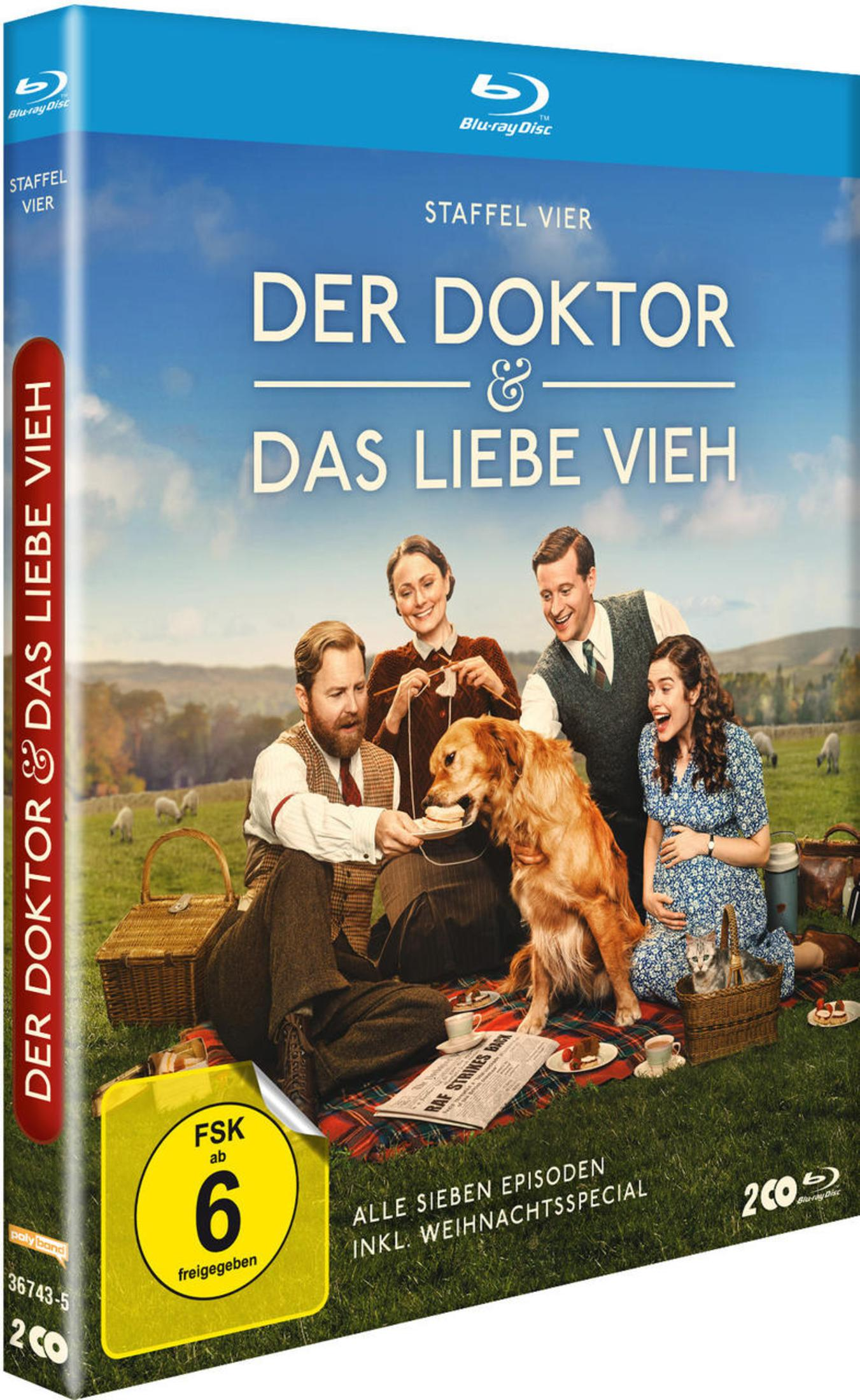Blu-ray-Cover von Der Doktor und das Liebe Vieh, Staffel vier, zeigt vier Personen und Hunde auf einer Wiese.