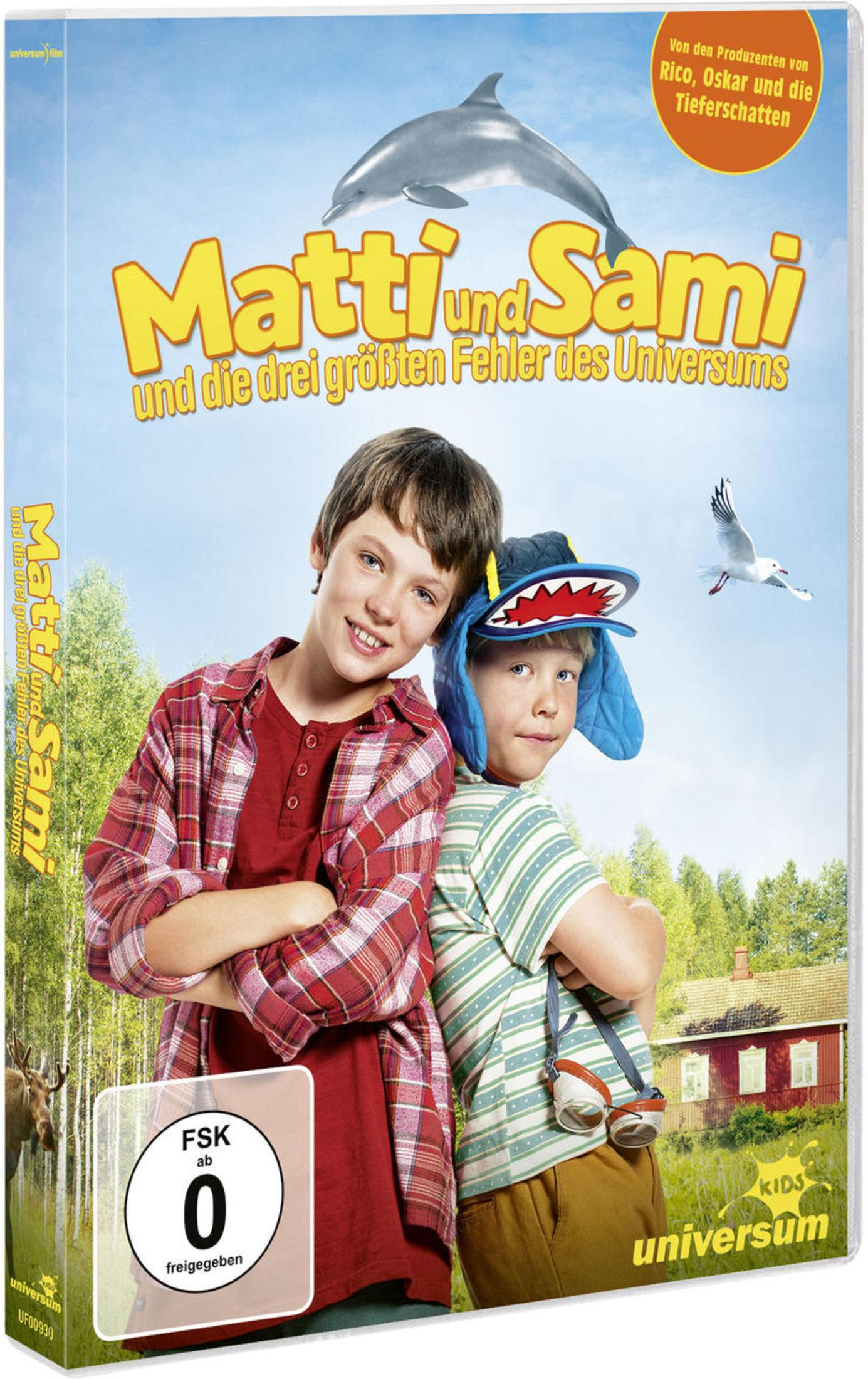 DVD-Cover von Matti und Sami mit zwei Jungen, einem Delfin im Himmel und einer roten Hütte im Hintergrund.