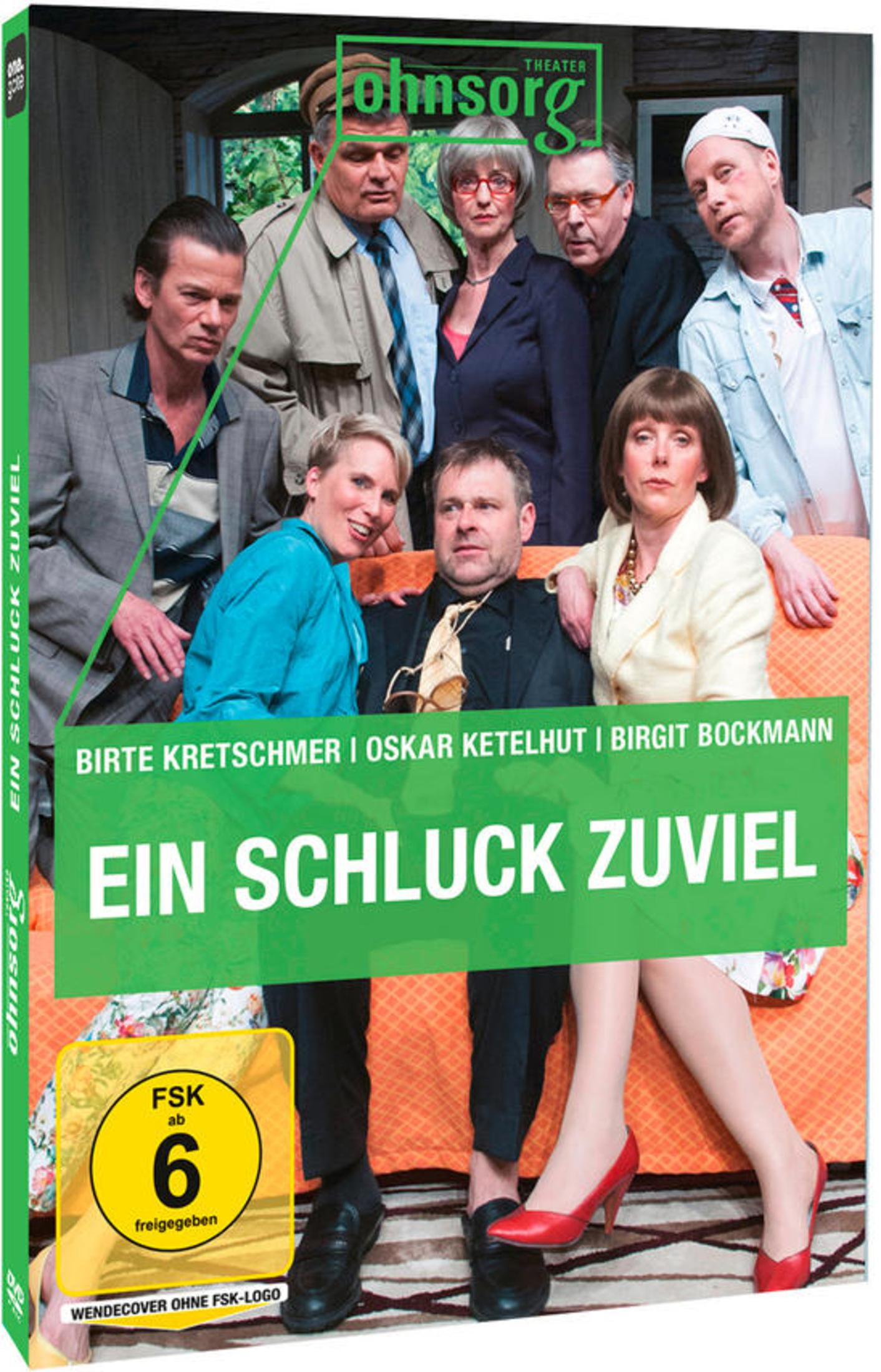 DVD-Cover des Ohnsorg-Theaterstücks "Ein Schluck Zuviel" mit sieben Schauspielern in einer Indoor-Szene.