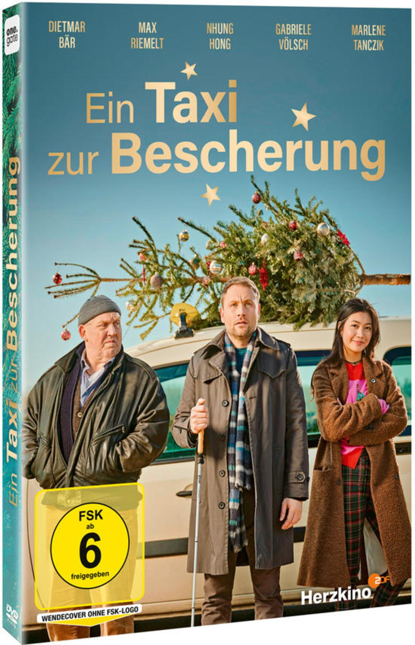 DVD-Cover von Ein Taxi zur Bescherung mit drei Personen vor einem Taxi mit Weihnachtsbaum.