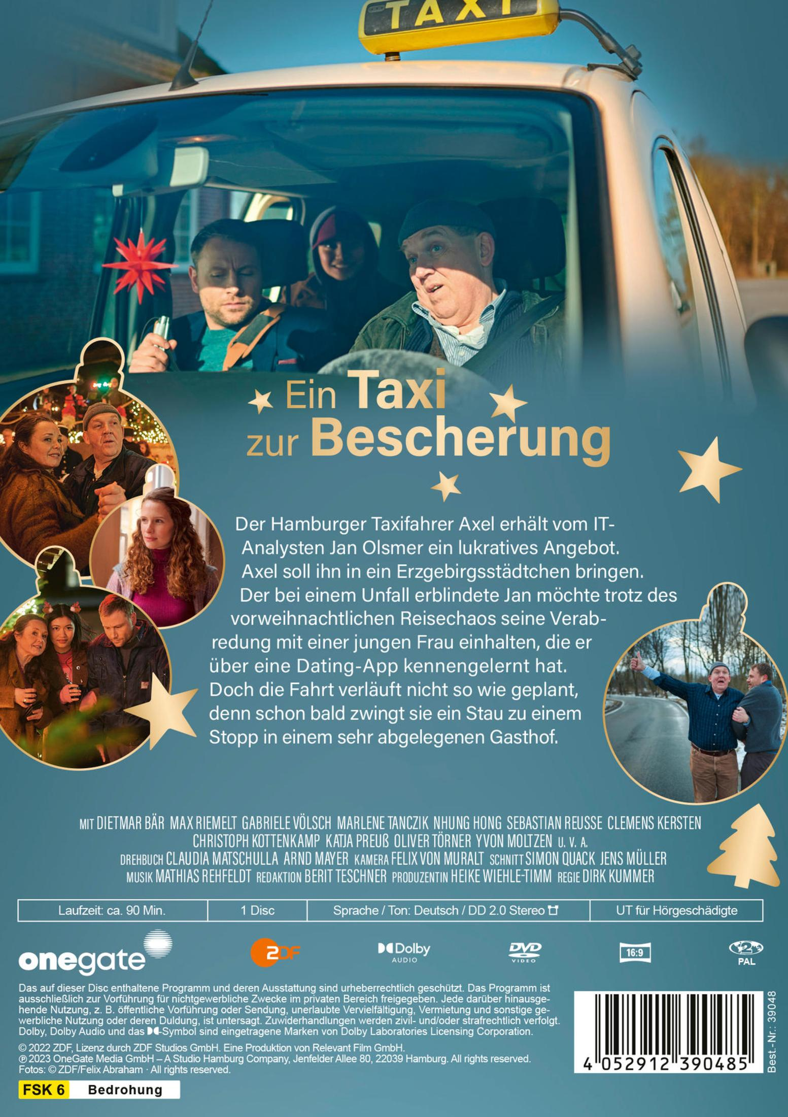 DVD-Cover des Films Ein Taxi zur Bescherung mit Taxi im Hintergrund und kleinen Szenenbildern.