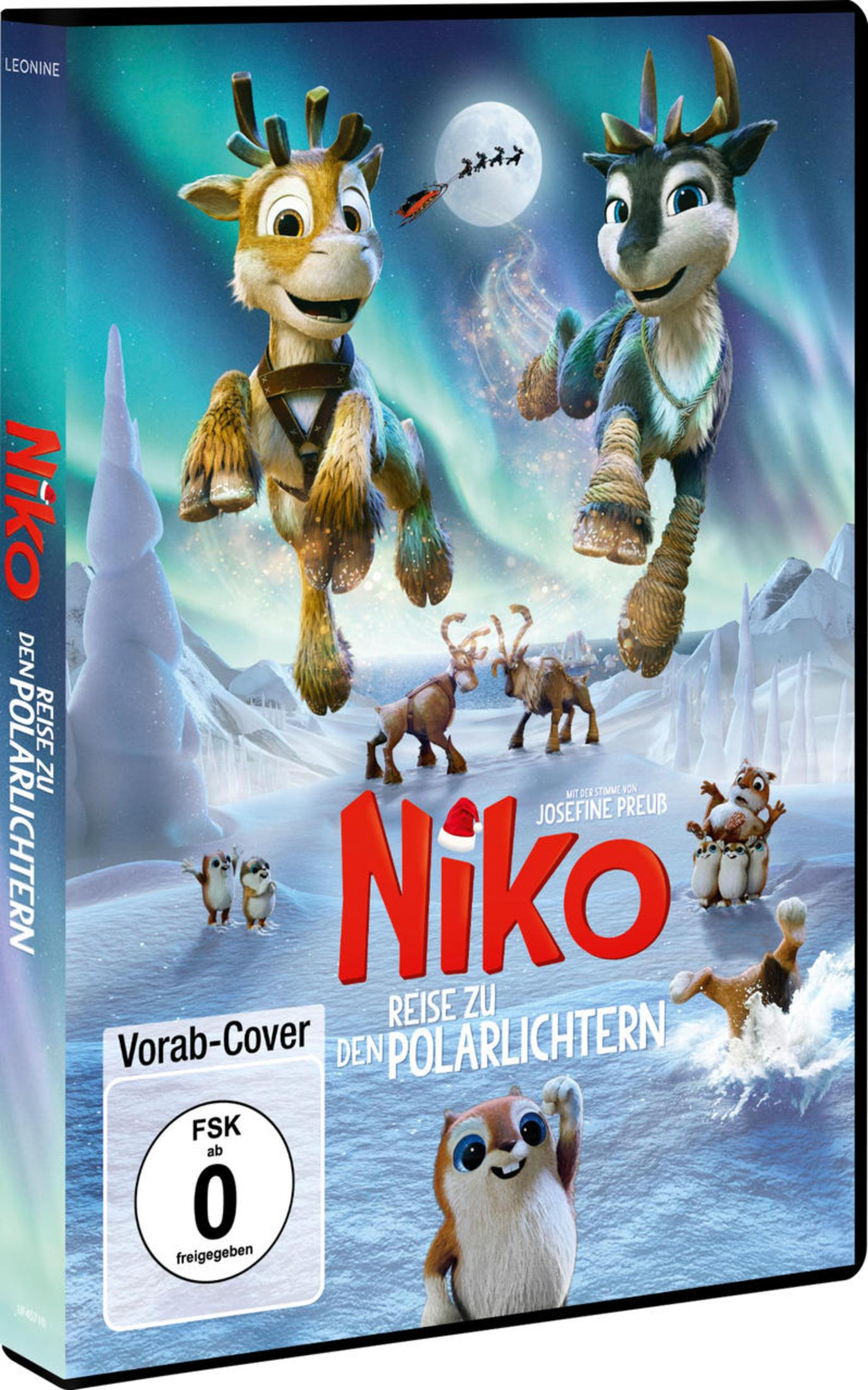 DVD-Cover von Niko – Reise zu den Polarlichtern mit fliegenden Rentieren im Schnee und Nordlichtern.