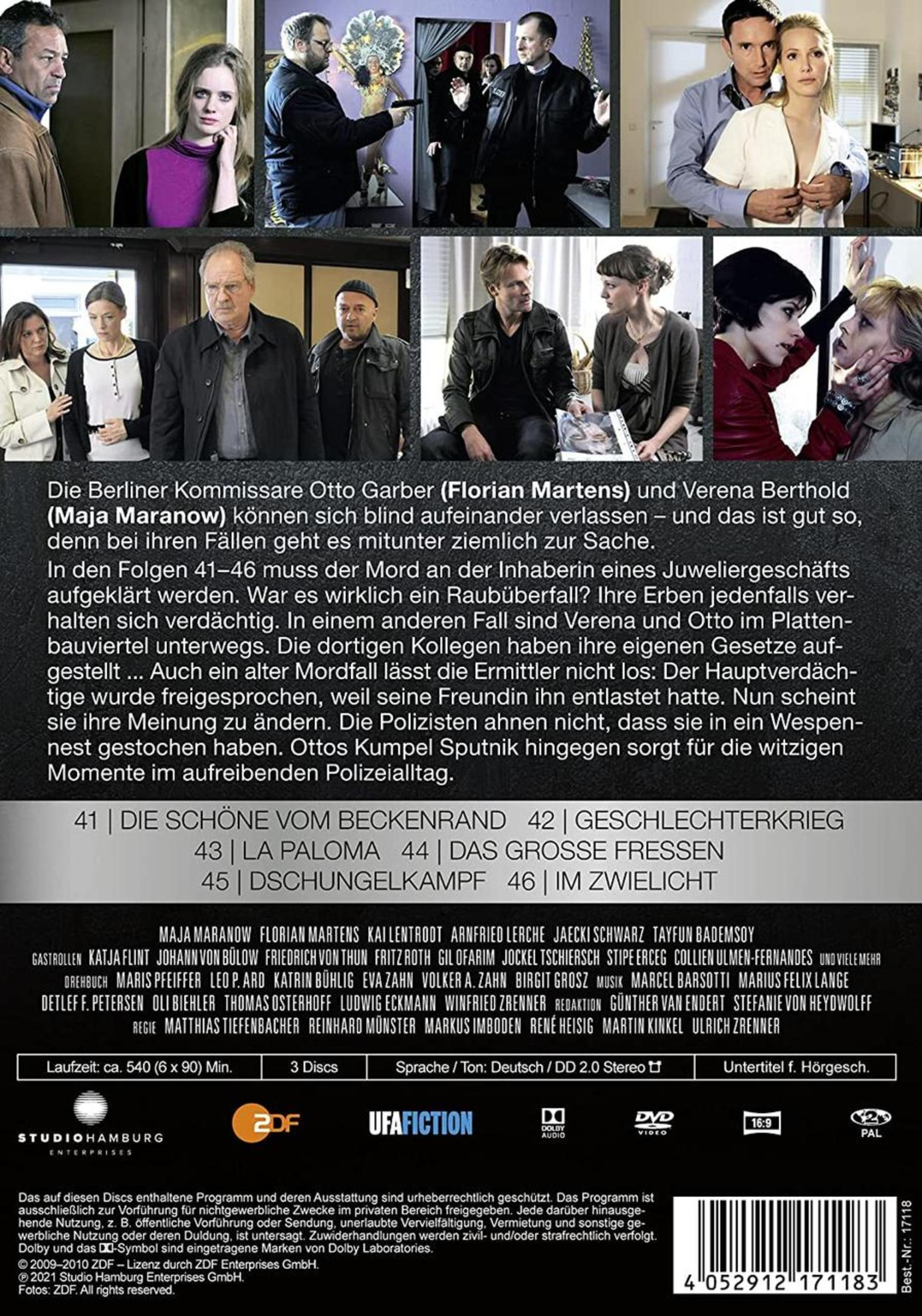 DVD-Rückseite mit Szenenbildern, Texten und Produktionsangaben zu einer deutschen Krimiserie.