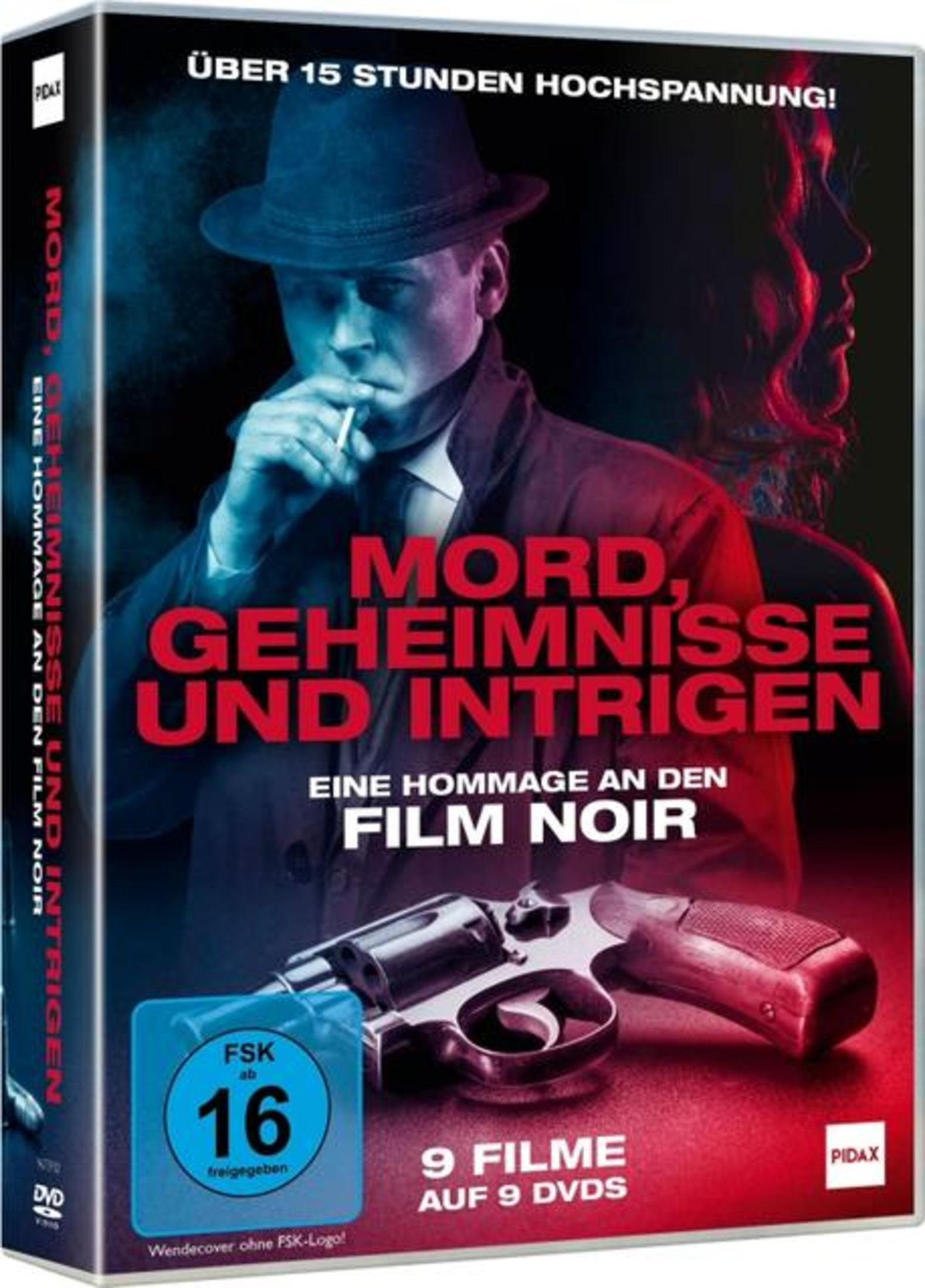 Film-Noir-DVD-Cover mit einem Mann im Hut, einer rauchenden Zigarette, einer Waffe und rotem Neonlicht.