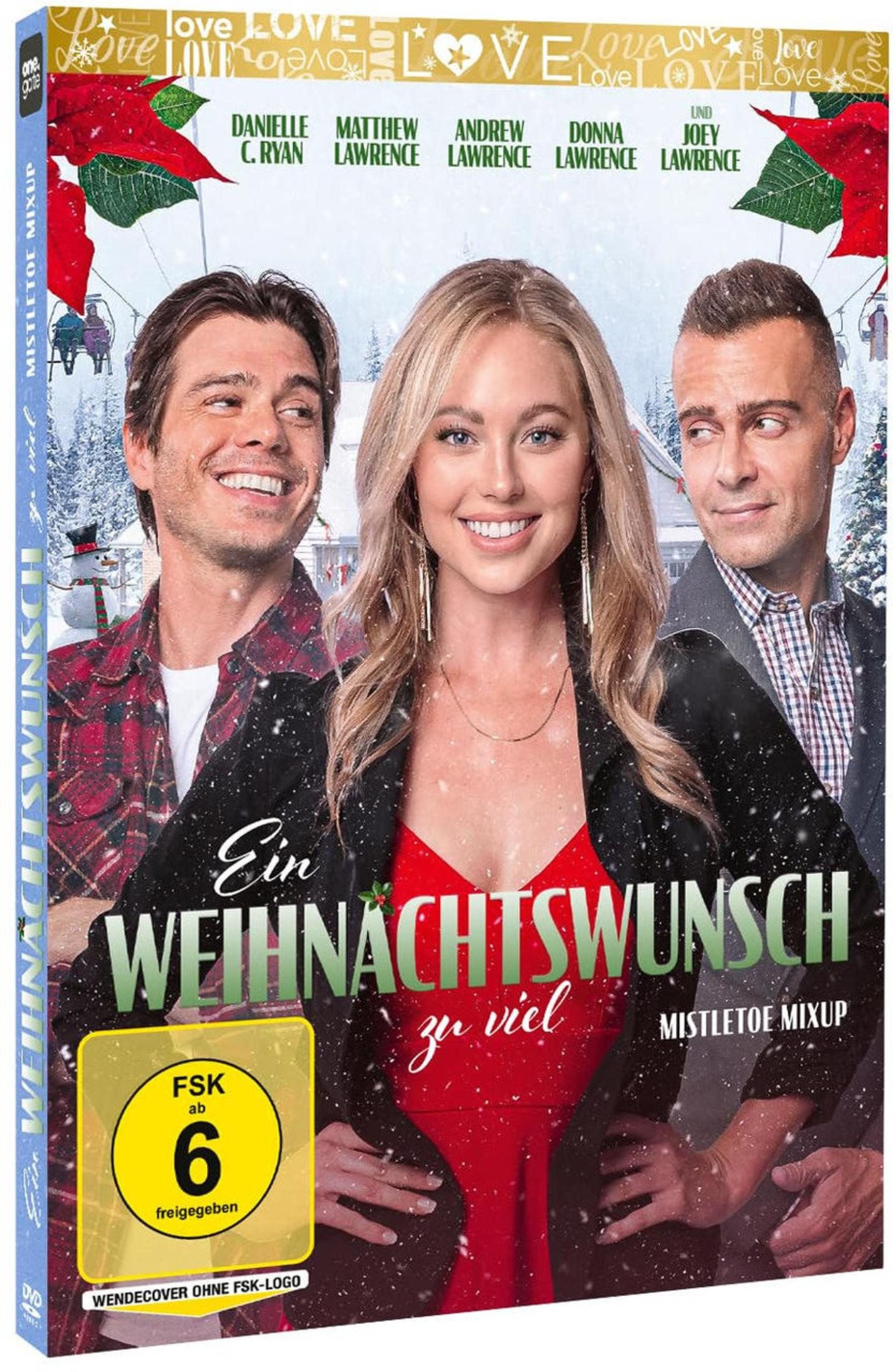 DVD-Cover für Ein Weihnachtswunsch zu viel mit drei lächelnden Schauspielern vor verschneiter Kulisse.