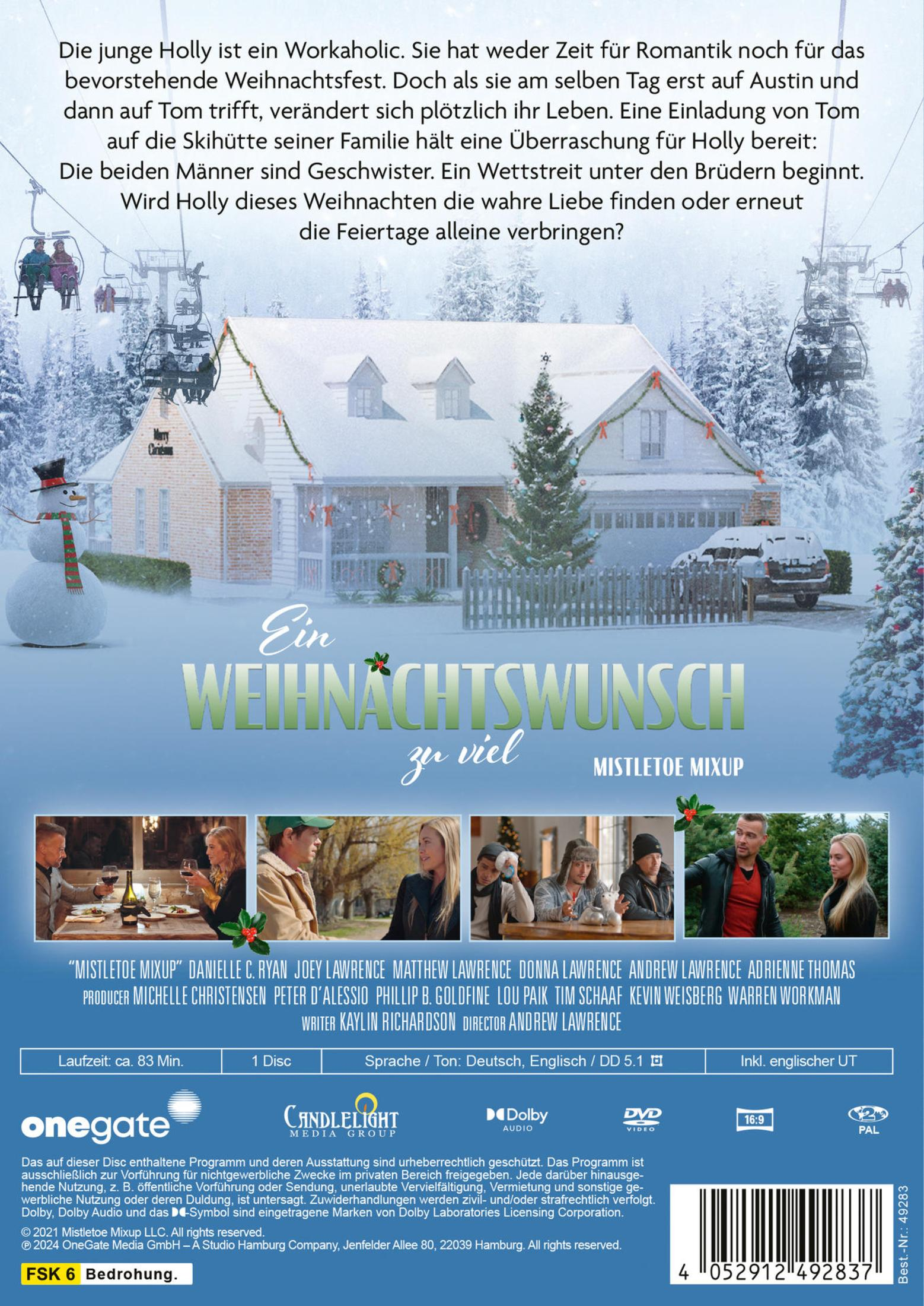 DVD-Cover von Ein Weihnachtswunsch zu viel mit verschneitem Haus, Figuren und Szenenbildern.
