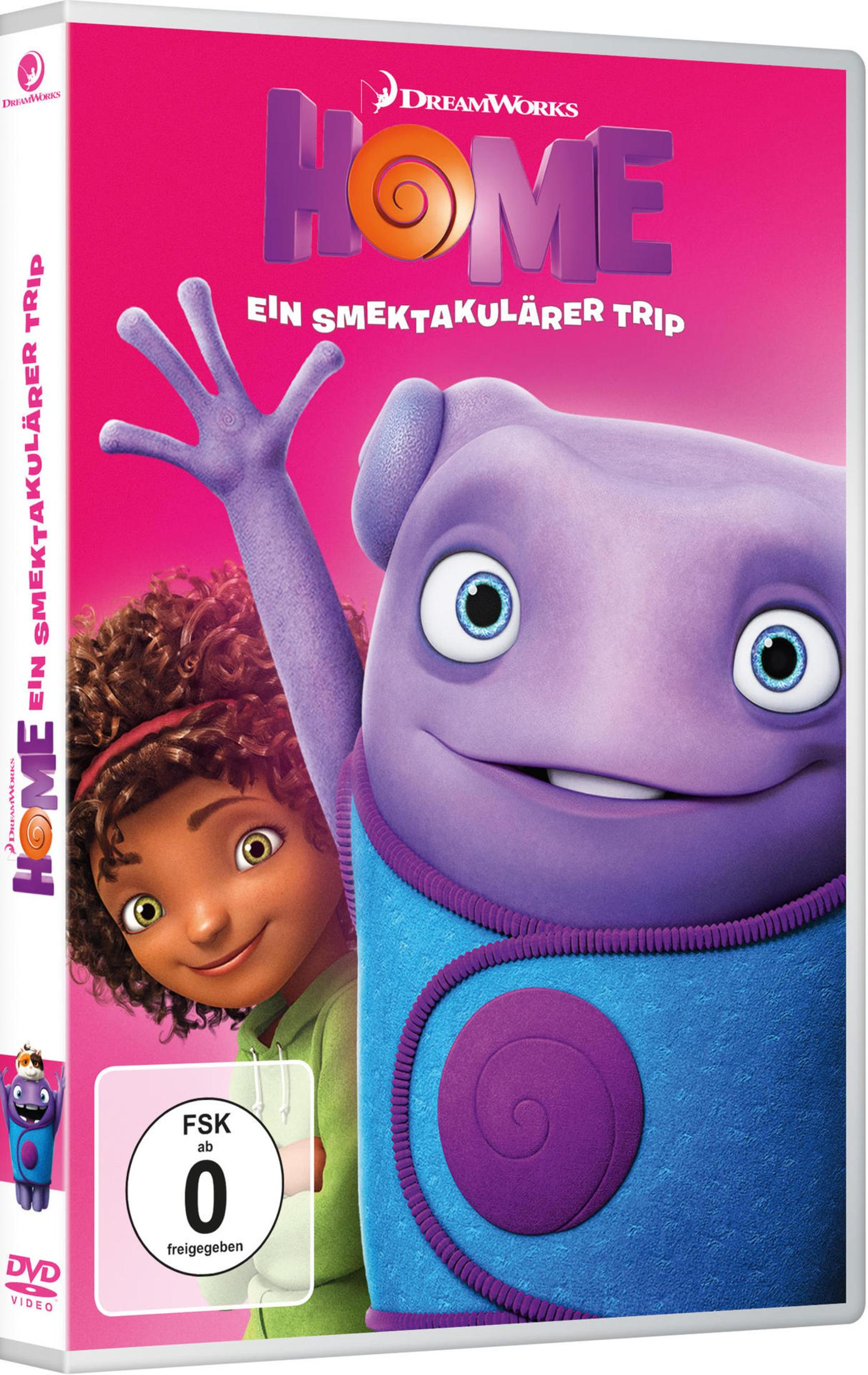 Die DVD-Hülle zeigt die Figuren Oh und Tip aus dem Film Home auf pinkem Hintergrund.