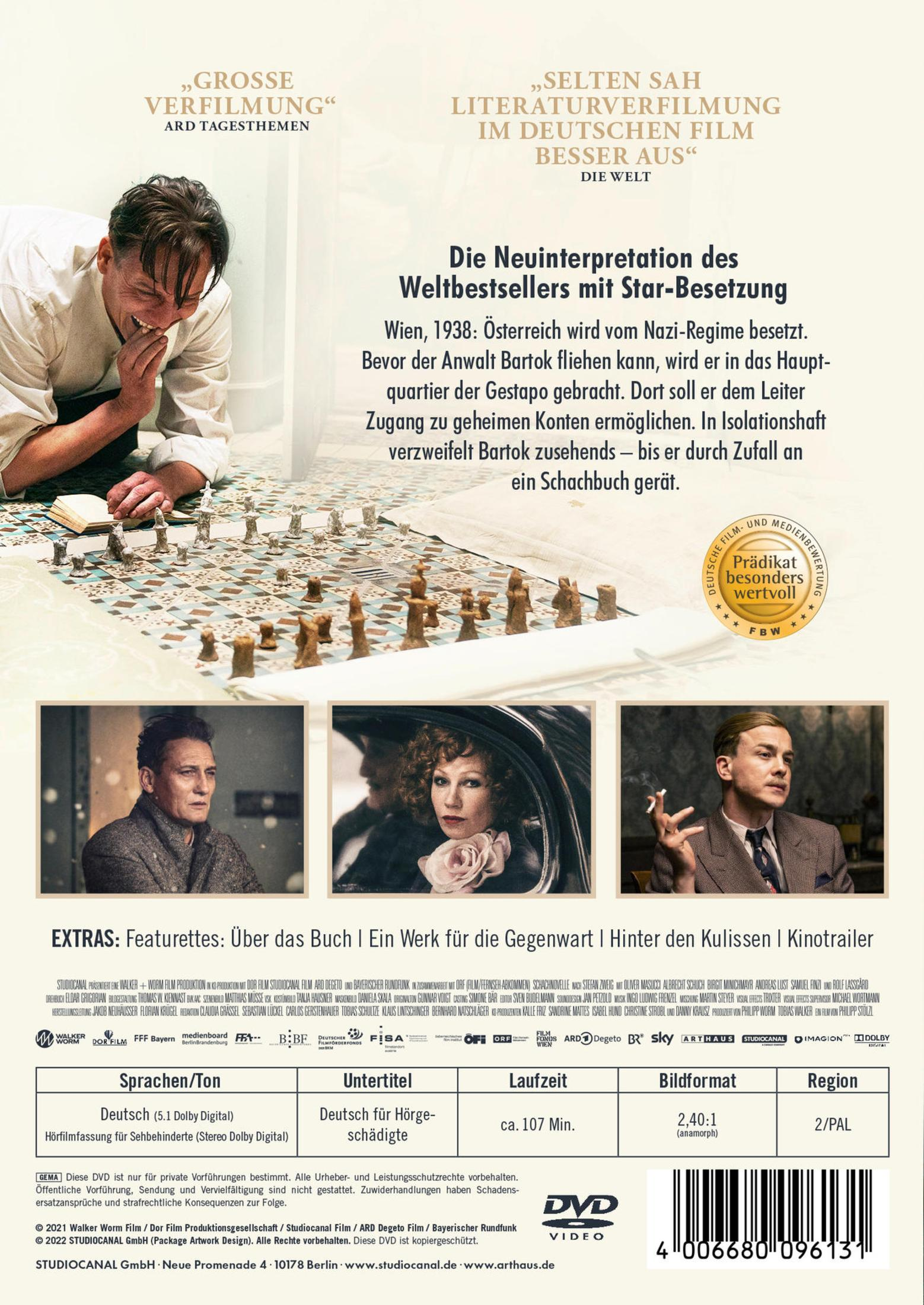 DVD-Hülle mit Mann am Schachbrett, Filmstills, Text und technischen Details zur Schachnovelle.