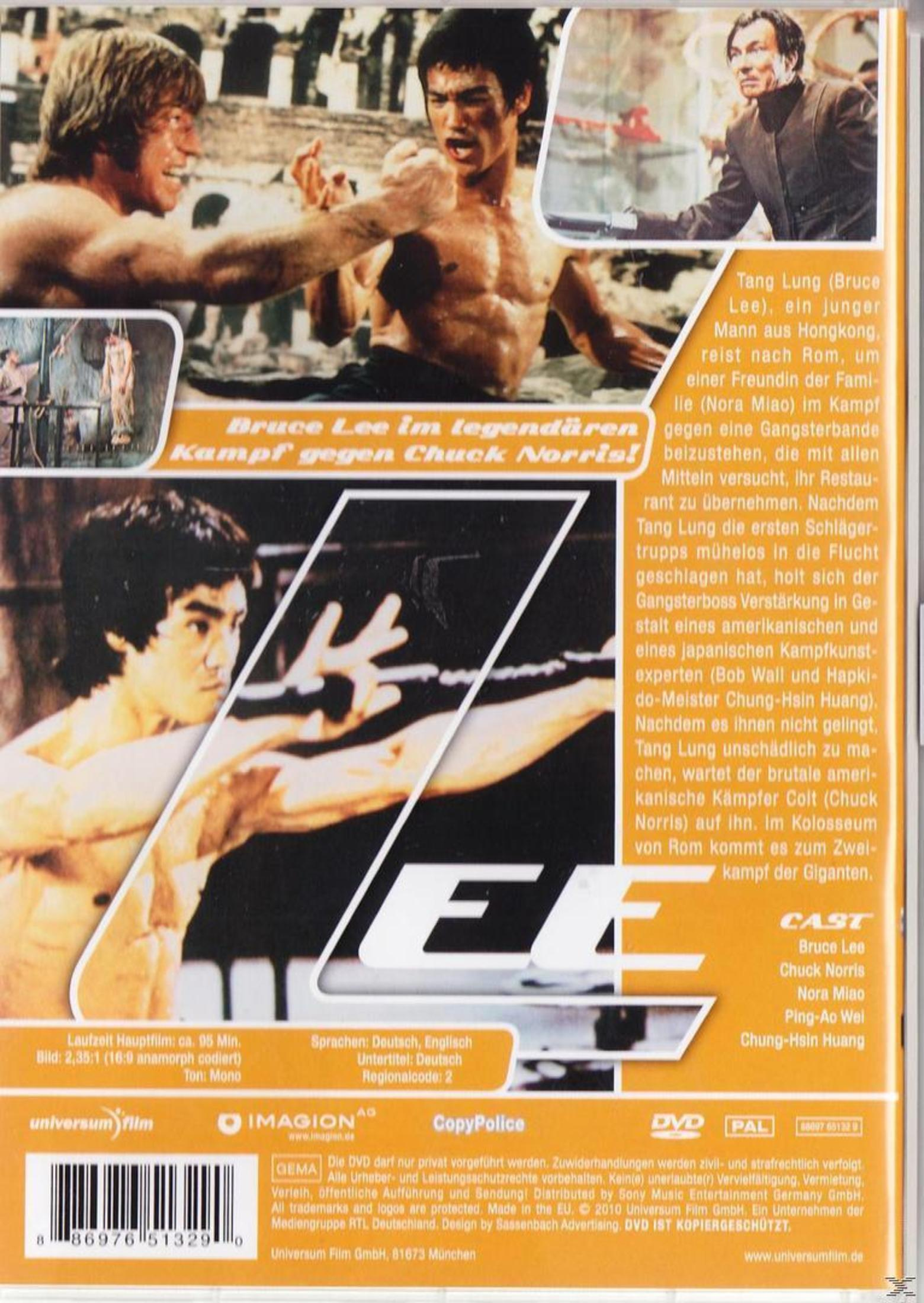 DVD-Rückseite des Films mit Bruce Lee und Chuck Norris in Kampfszenen, Text und orangem Hintergrund.