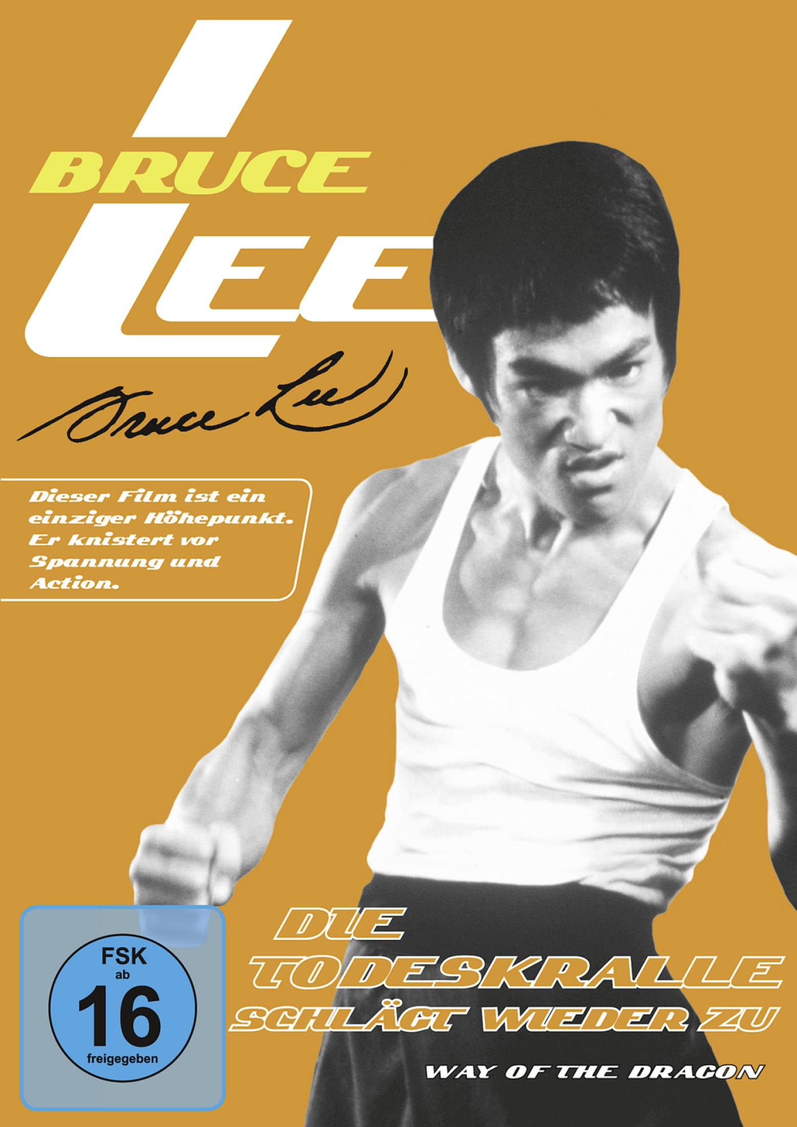 Filmplakat für Way of the Dragon mit Bruce Lee im weißen Tanktop und gelbem Hintergrund.