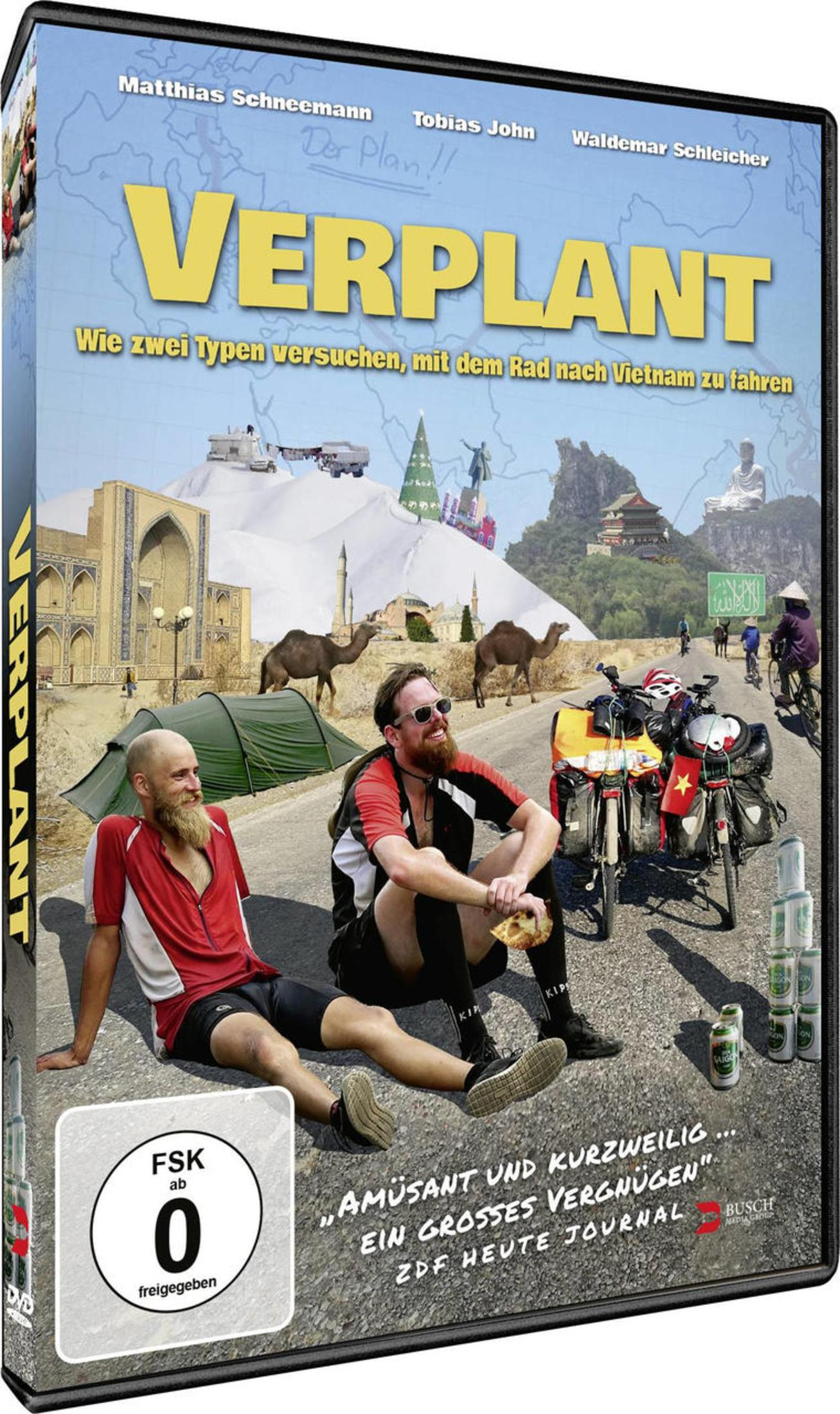 DVD-Cover von Verplant zeigt zwei radelnde Männer mit Gepäck und Zelt in einer weltweiten Landschaftskulisse.