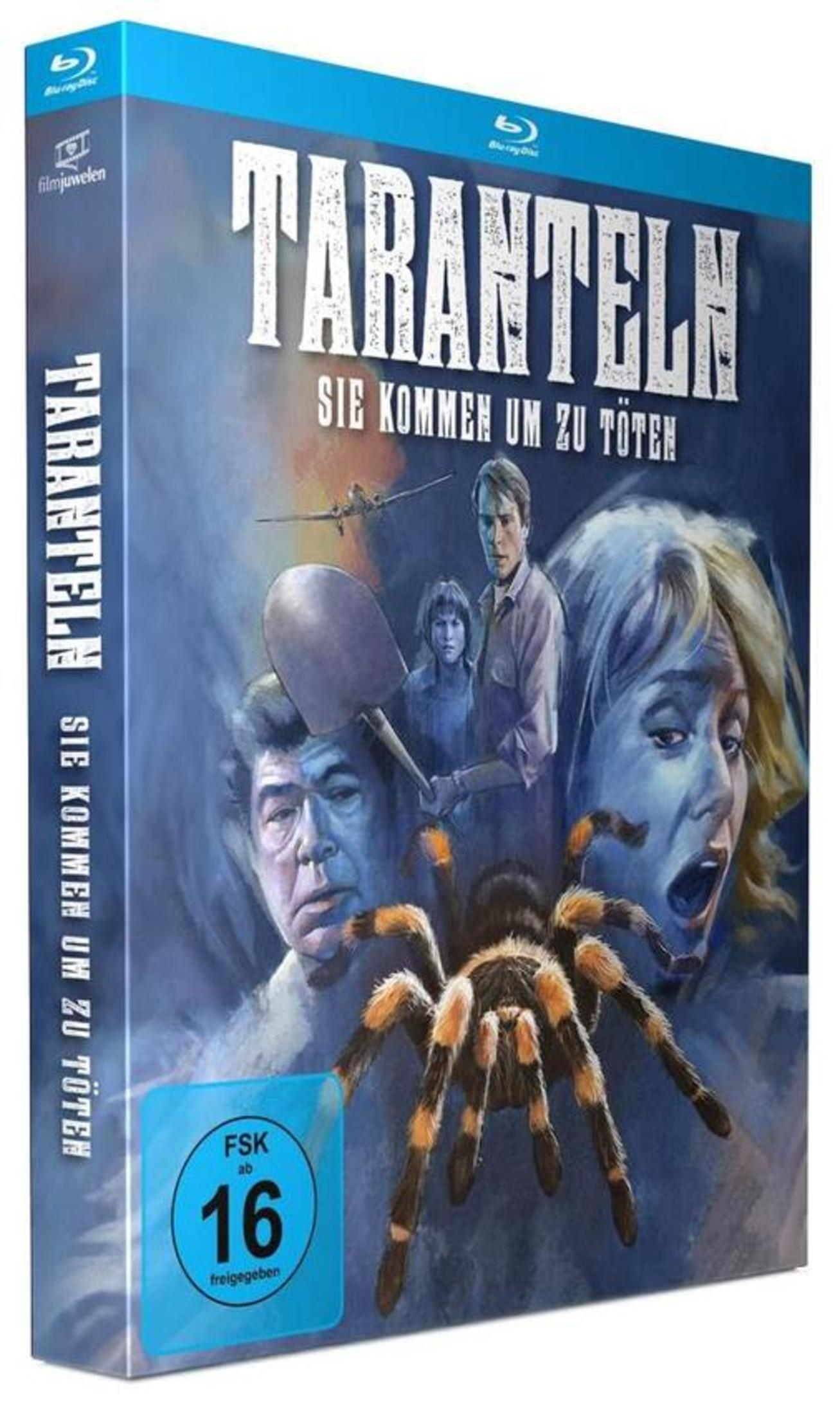 Blu-Ray-Cover des Films Taranteln mit einer großen Spinne im Vordergrund, Menschen und einem Flugzeug.