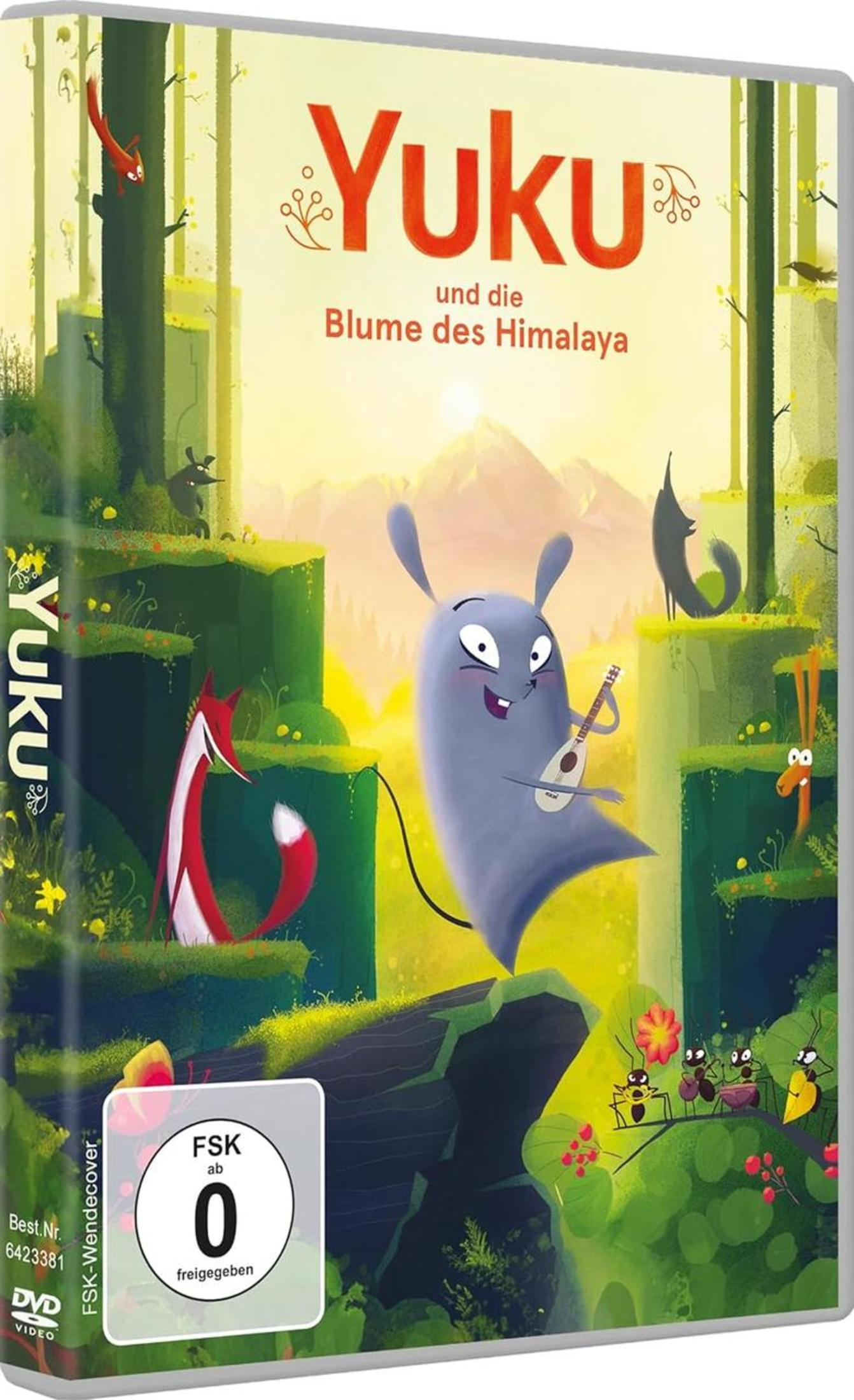 DVD-Cover von Yuku und die Blume des Himalaya mit animierten Figuren im Wald.