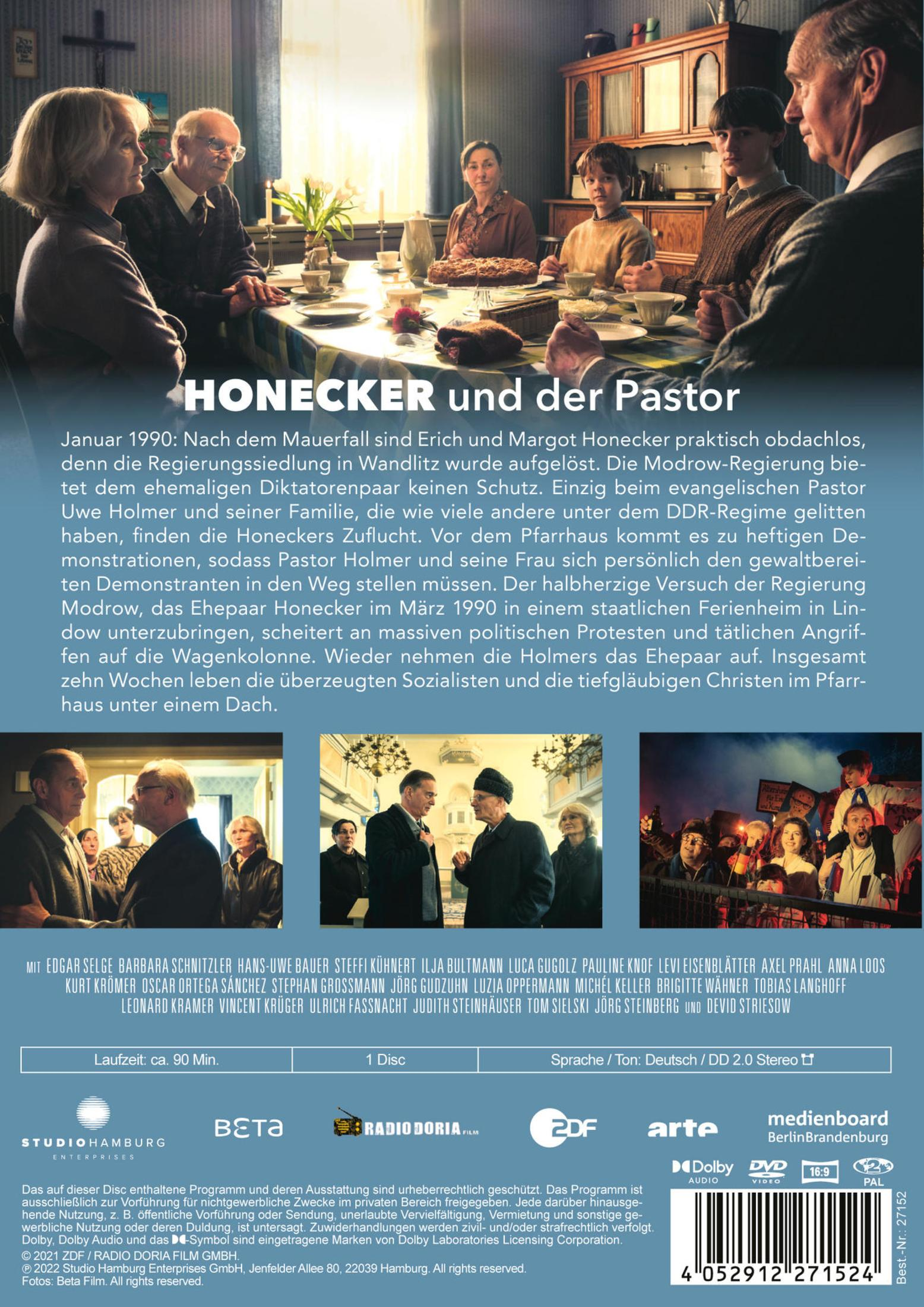 Filmposter für 'Honecker und der Pastor' mit Filmszenen, Cast und Credits auf blauem Hintergrund.