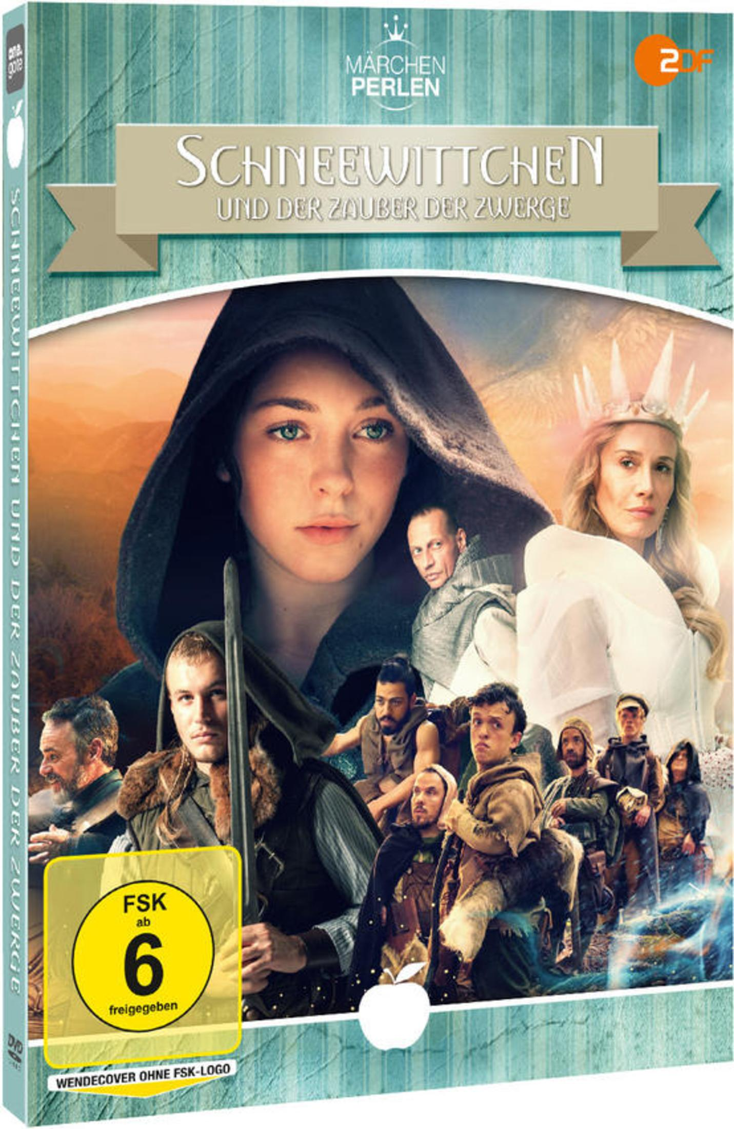 DVD-Cover von Schneewittchen und der Zauber der Zwerge mit Charakteren vor einer mystischen Landschaft.