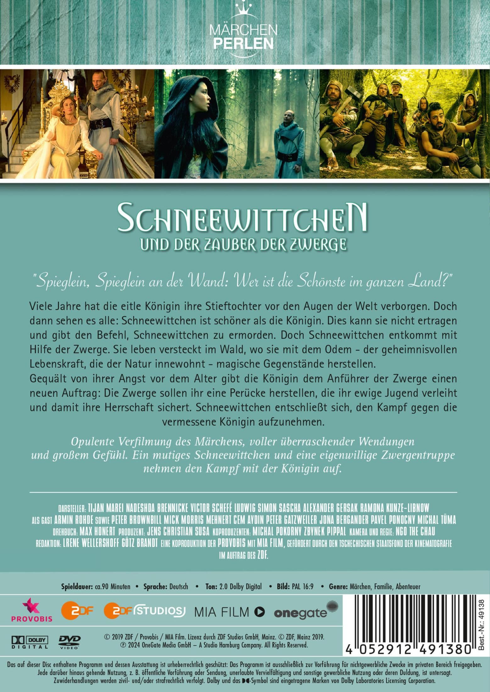 DVD-Cover von Schneewittchen und der Zauber der Zwerge mit Filmszenen und Beschreibung.