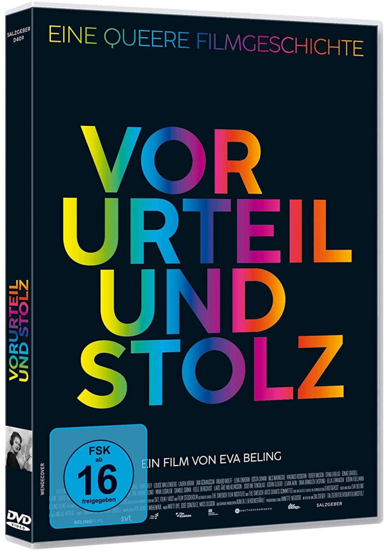 DVD-Cover mit Regenbogen-Schriftzug Vorurteil und Stolz auf schwarzem Hintergrund.