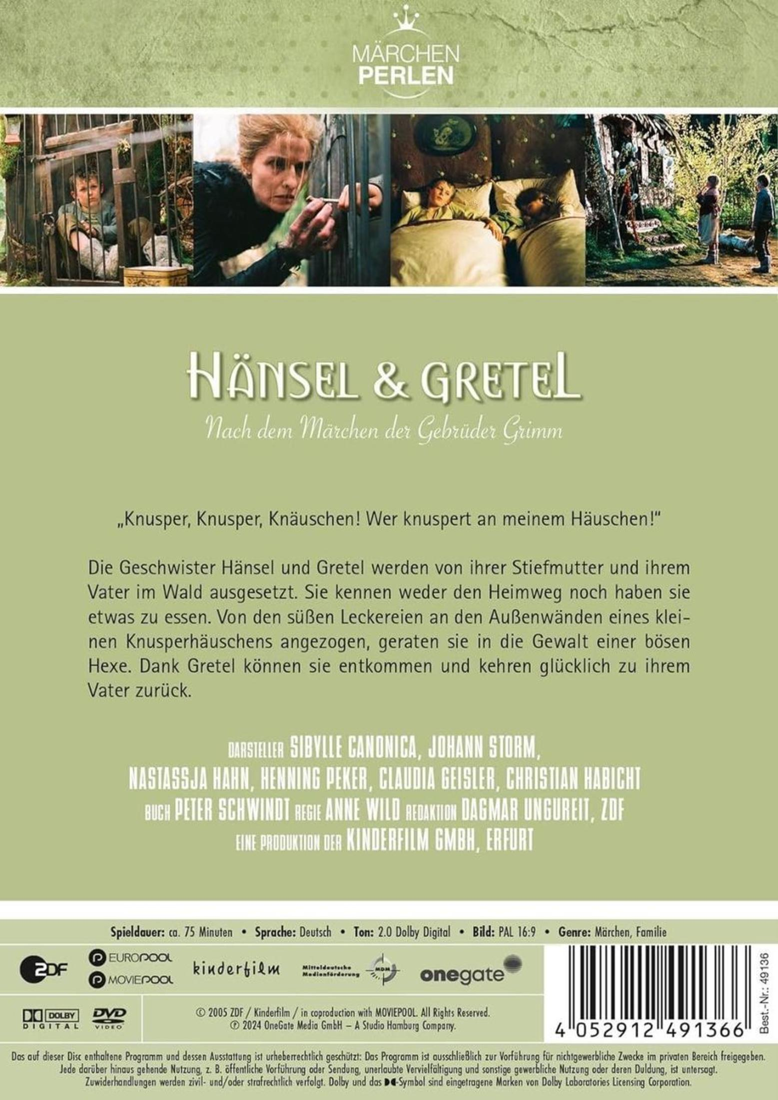 DVD-Hülle für Hänsel & Gretel mit Titel, Filmszenen, deutscher Inhaltsangabe, Besetzung und Logos.