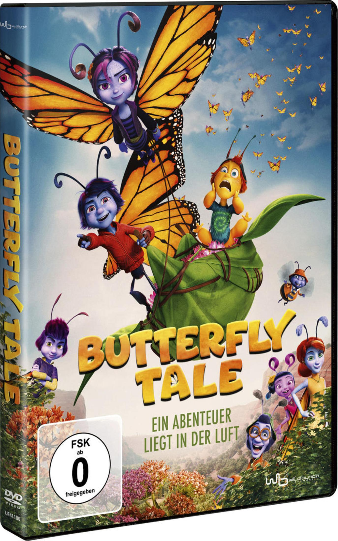 DVD-Cover von Butterfly Tale mit bunten Animationsinsekten vor einem blauen Himmel.