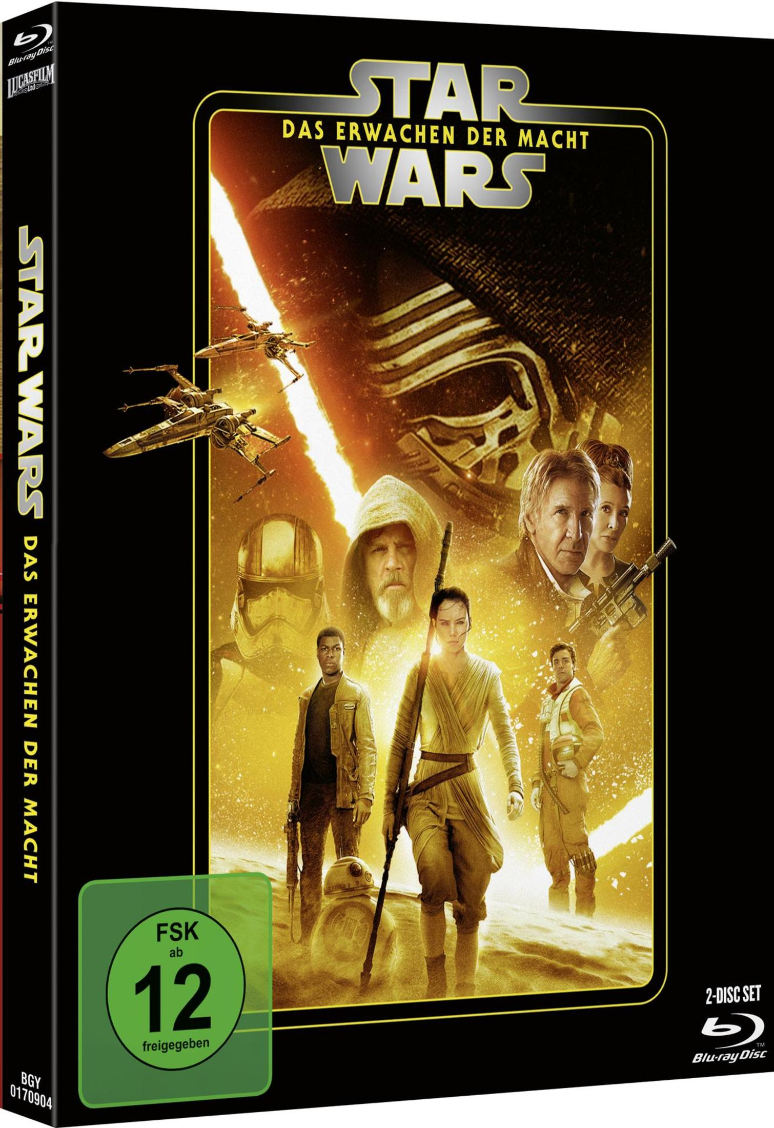 Star Wars Das Erwachen der Macht Blu-ray-Cover mit Charakteren und Raumschiffen.