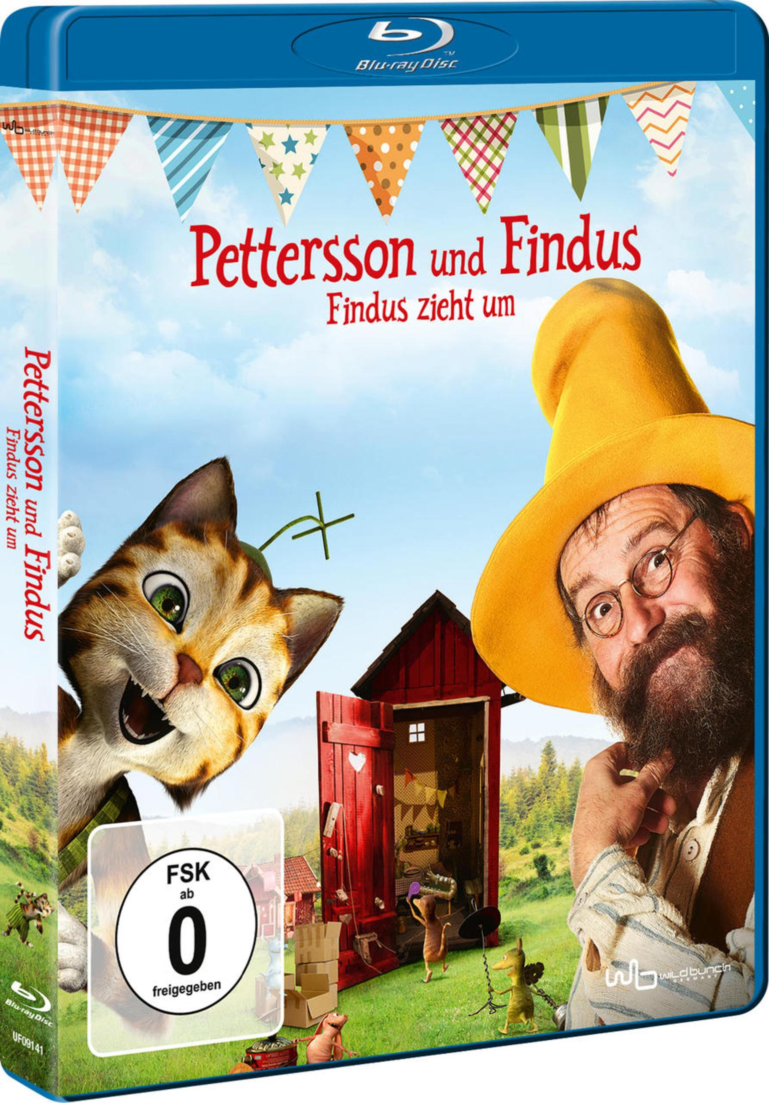 DVD-Cover von Pettersson und Findus mit einem alten Mann, einer Katze und einer roten Hütte im Hintergrund.