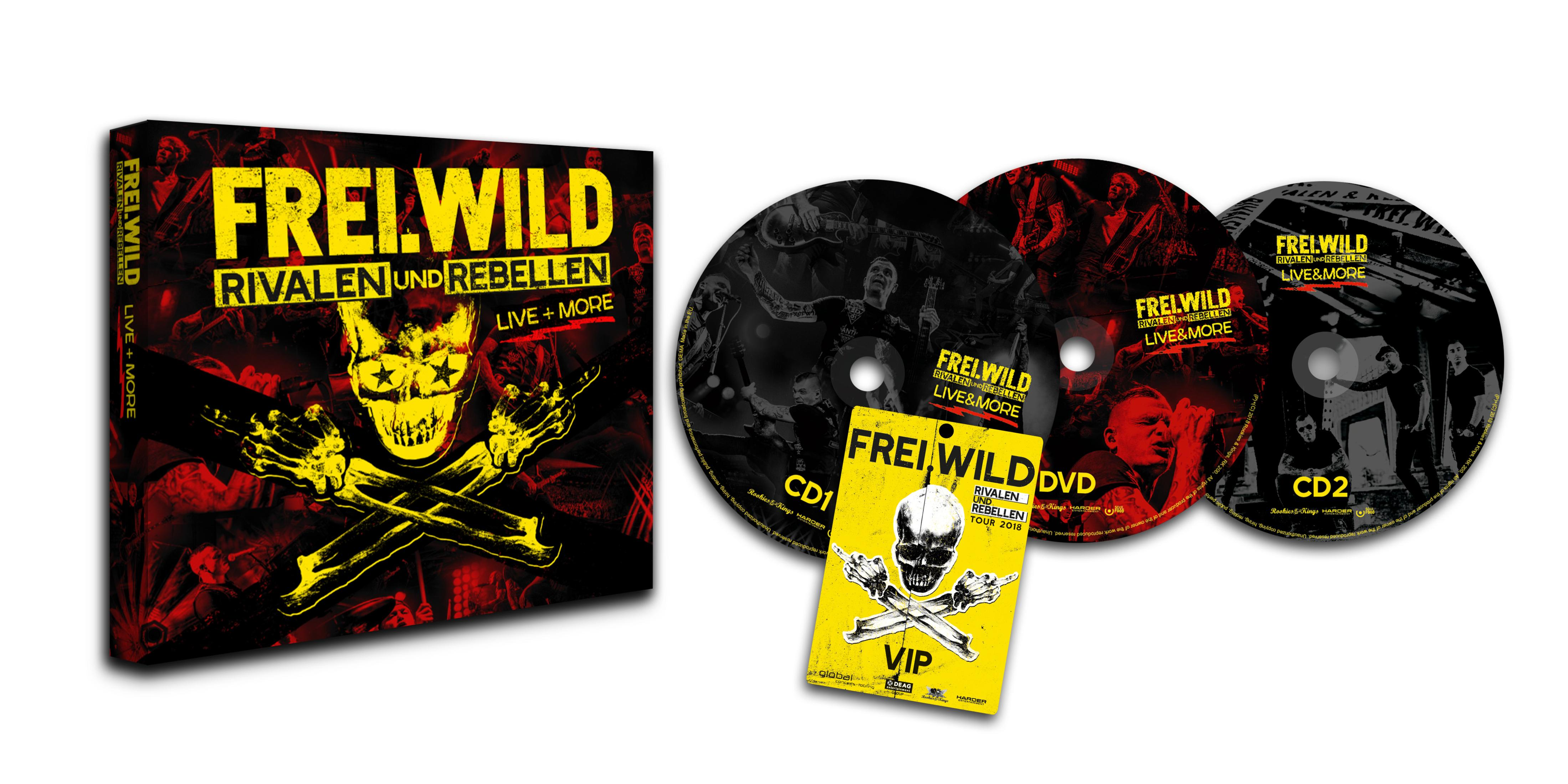 Frei.Wild Boxset mit Live-Alben, DVDs und VIP-Pass in Schwarz und Gelb.