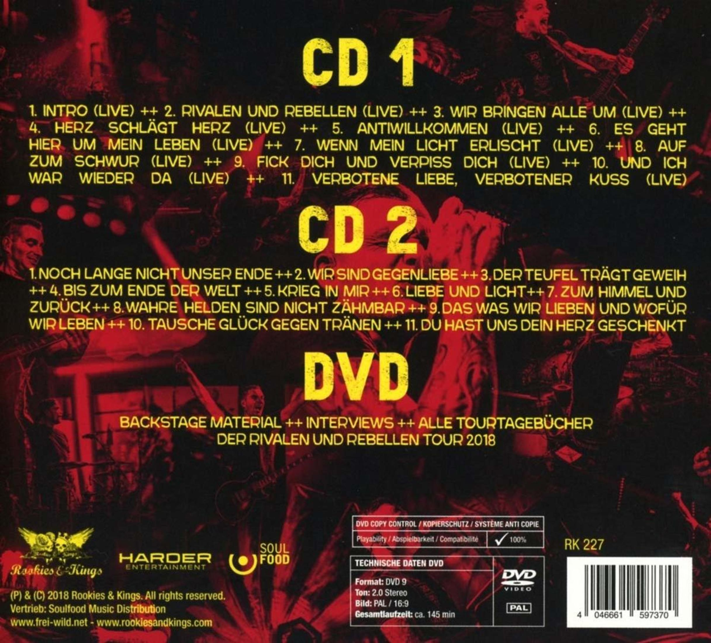 Rückseite einer Musik-CD und DVD Hülle mit Titellisten und Tour-Informationen in Gelb und Rot.